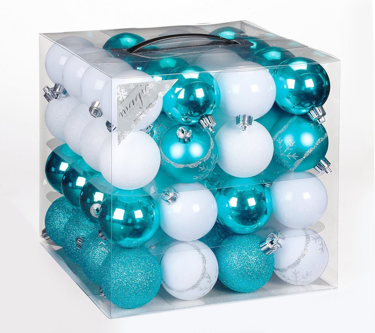JACK Christbaumschmuck 64x Kunststoff Christbaumkugeln Ø 6cm Baum Kugeln inkl. Aufhänger, Mit praktischer Aufbewahrungsbox, Optik: matt / glänzend / glitzernd