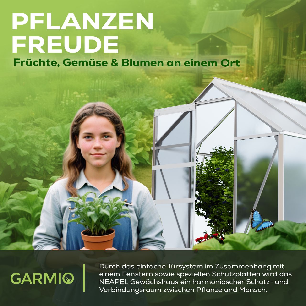 Garmio Gewächshaus NEAPEL 250x190cm für Garten,Alu Frühbeet inklusive Fundament,2 Dachfenster