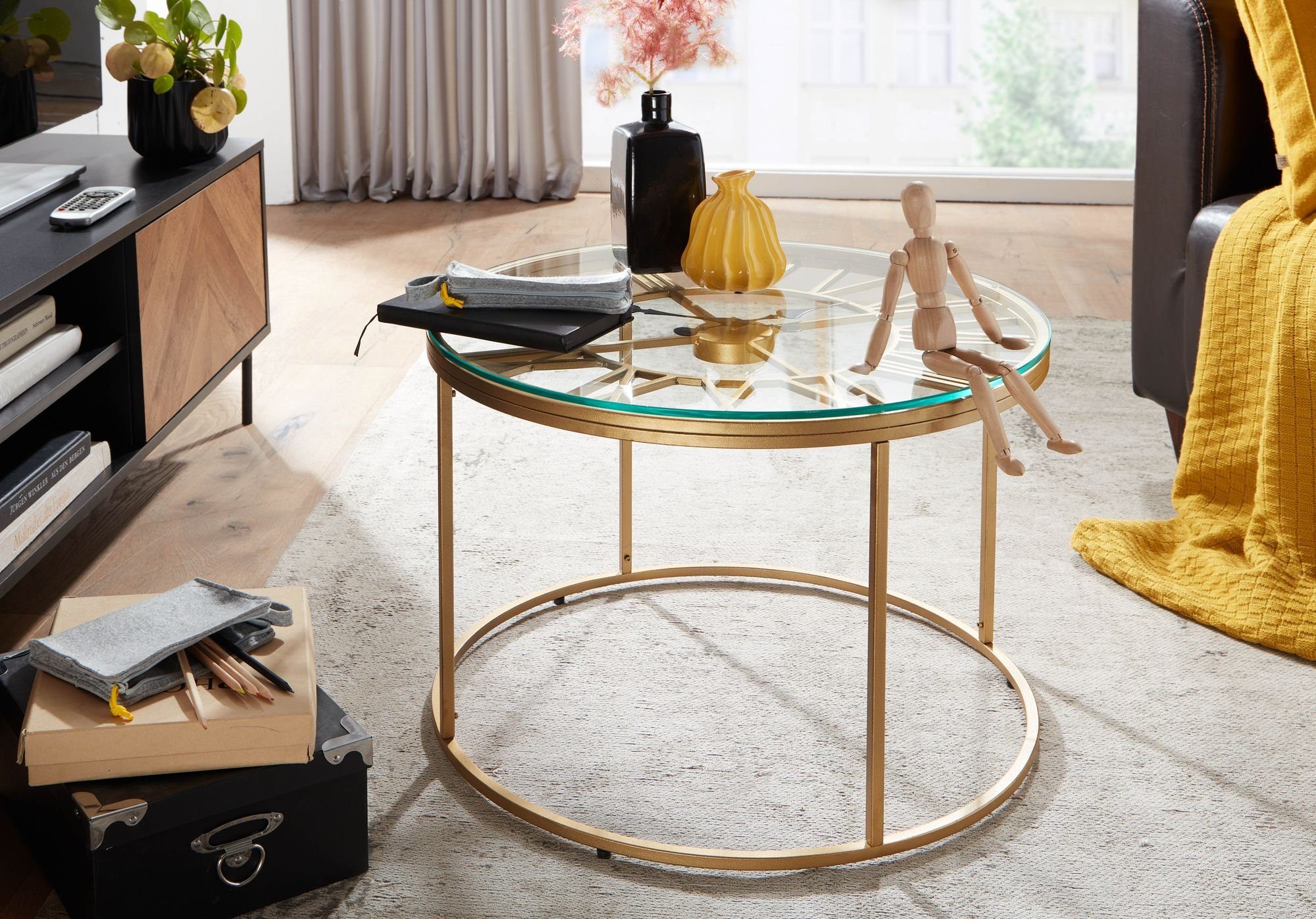 FINEBUY Couchtisch FB41455 (60x60x43 cm Gold, Sofatisch Metall mit Deko-Uhr), Wohnzimmertisch Rund, Beistelltisch Wohnzimmer