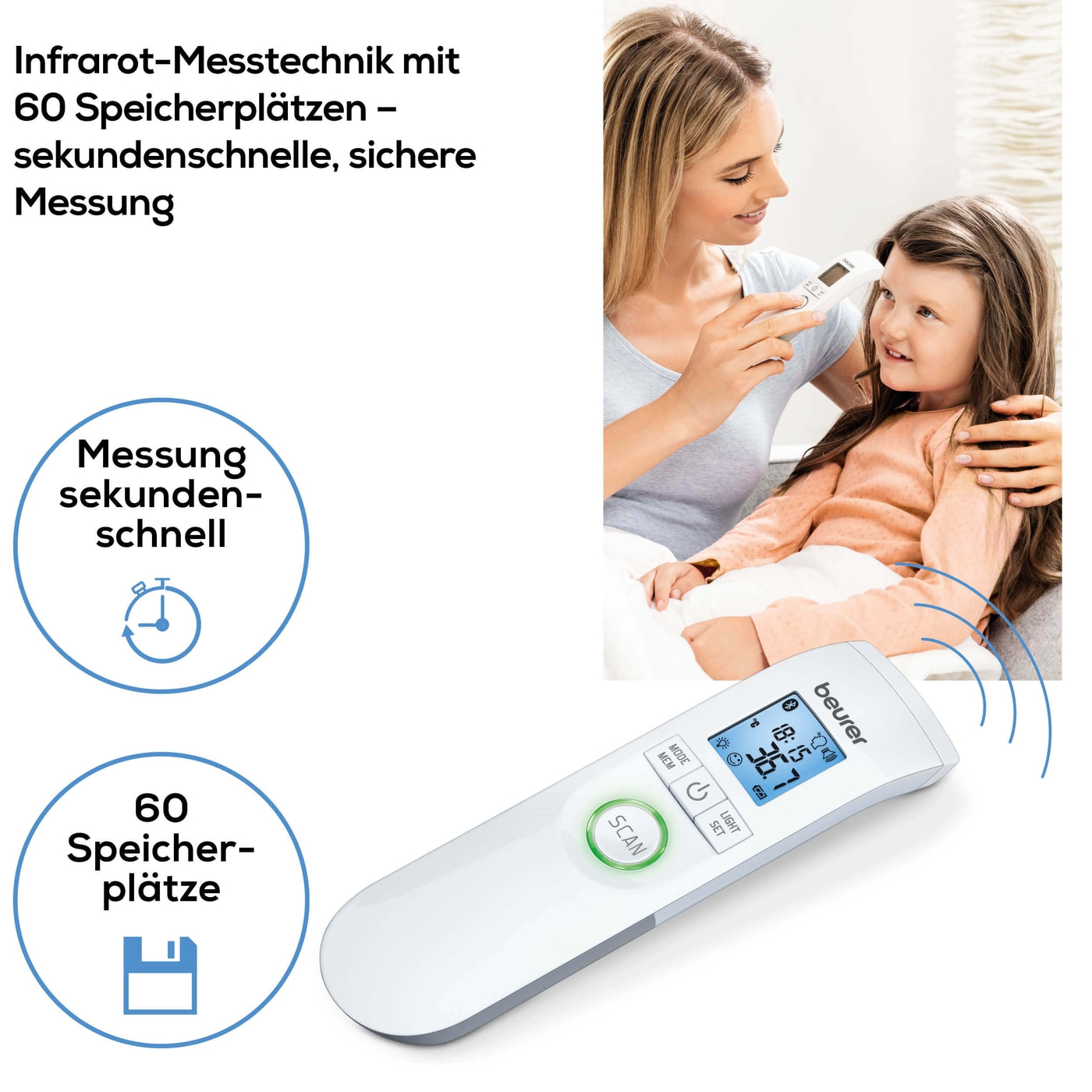 Beurer kontaktloses Thermometer FT 95 <i>Bluetooth</i>®-Fieberthermometer kontaktlos mit Anbindung an HealthManager & BabyCare App