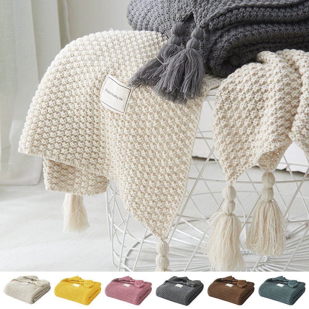Wohndecke Kuscheldecke Gestrickte Strickdecke,Sofadecke,Tagesdecke, BTTO, Quasten,Weich,Warm,für Bett Sofa und Couch