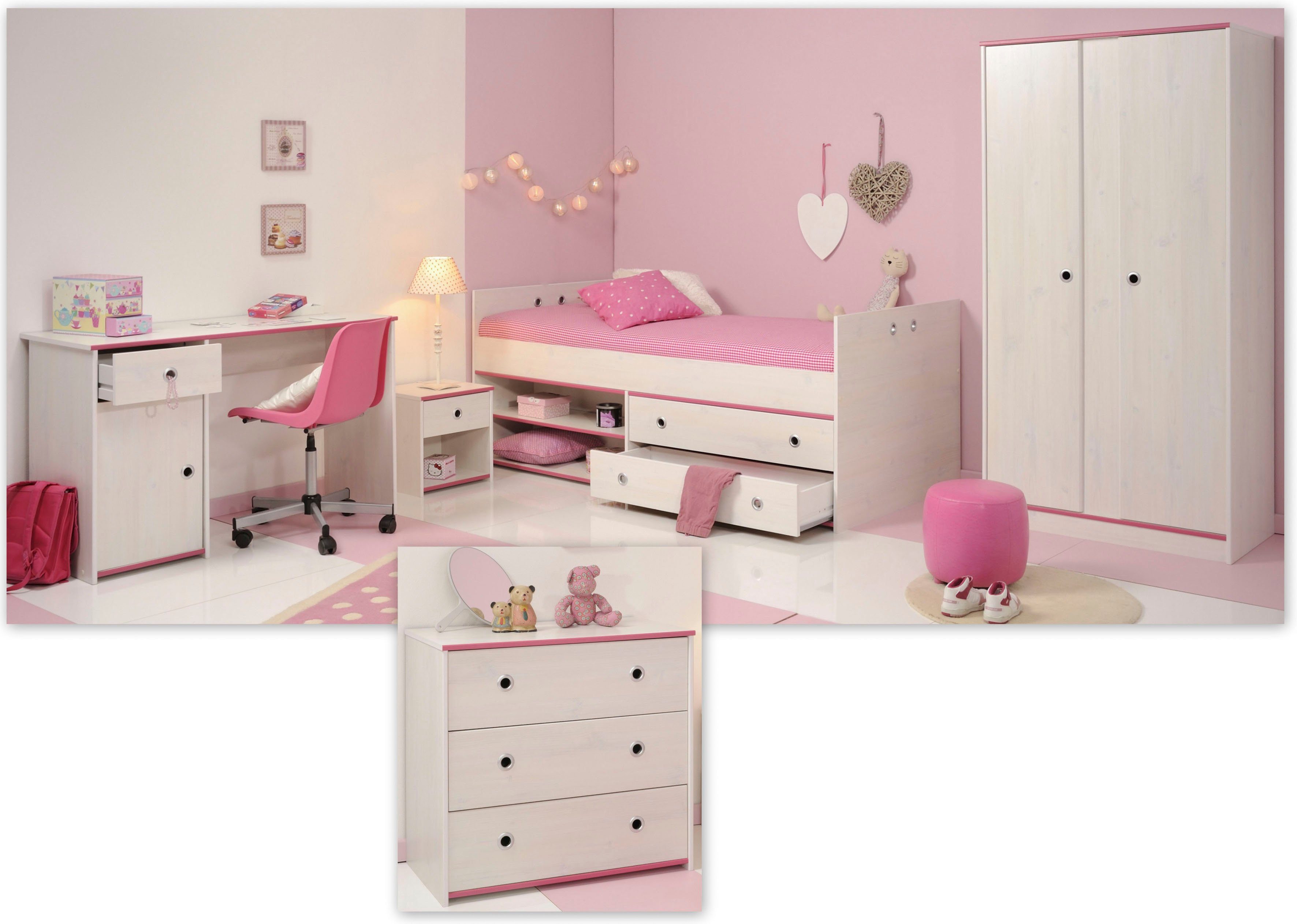 Parisot Jugendzimmer-Set Smoozy, (Set, 5-St., Stauraumbett, Nachttisch, Kleiderschrank, Schreibtisch und Kommode)
