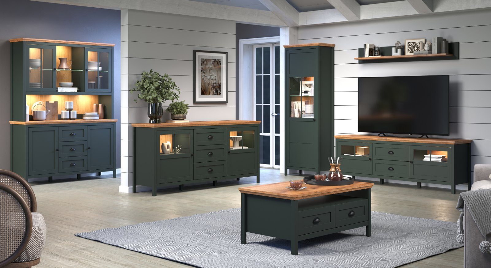 trendteam Buffet Stanton (Buffetschrank in Landhaus grün mit Eiche, 146 x 198 cm) mit LED Beleuchtung