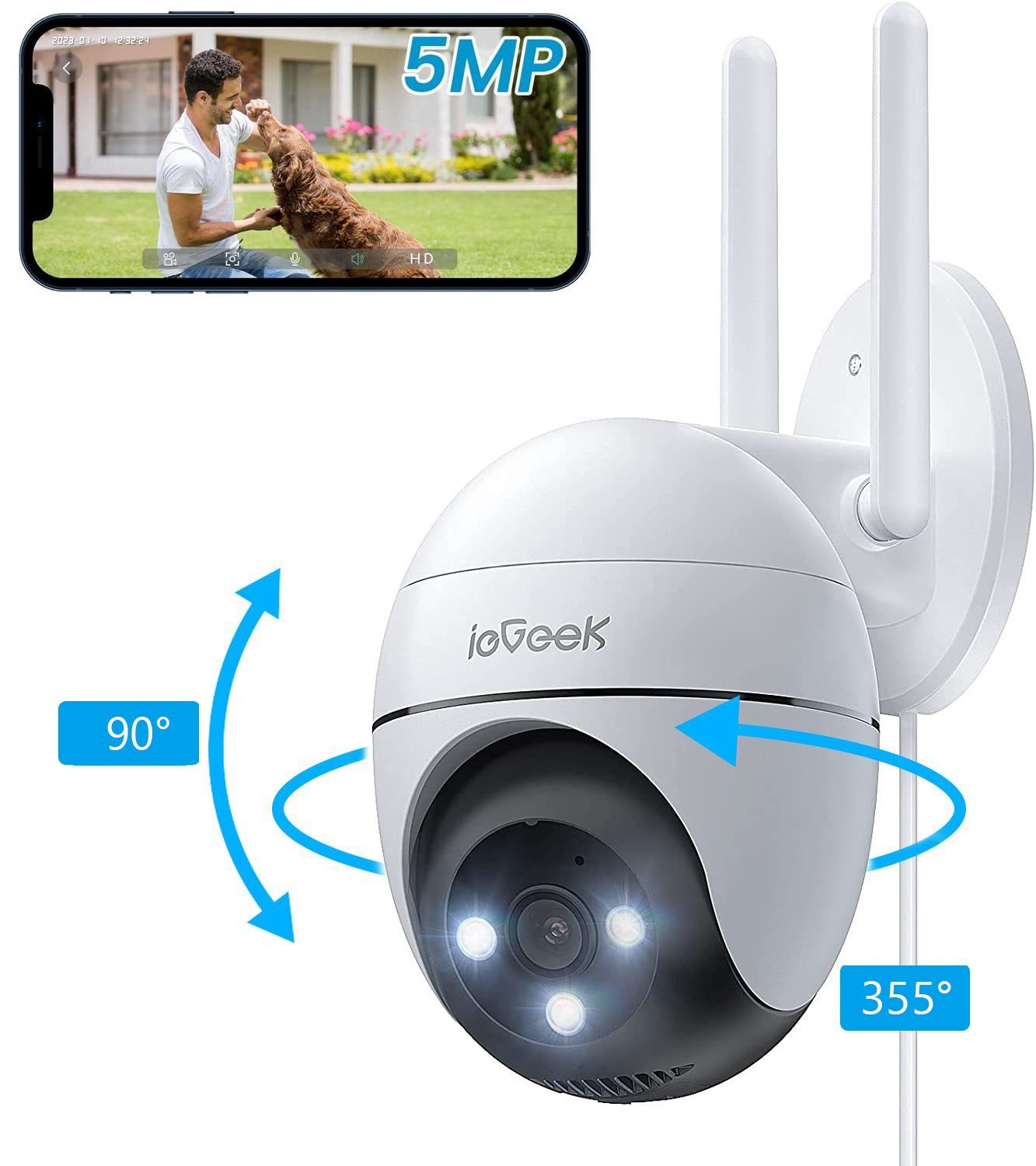 ieGeek 5MP 2K Überwachungskamera Aussen WLAN, PTZ Outdoor IP Kamera Überwachungskamera (Aussen, Außen, Außenbereic, Innenbereich, WLAN Dome Kameramit 15M Farbiger Nachsicht, Plug-in Wifi-Uberwachungskameras, Mit Alexa, Humanoide Erkennung, Amazon Ech
