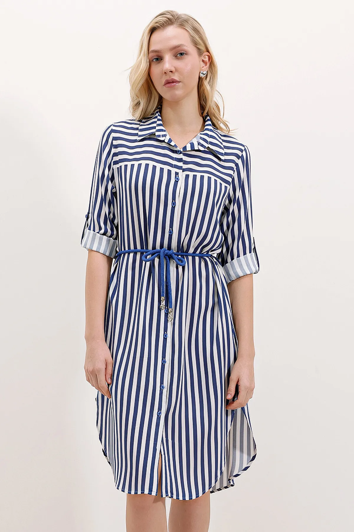 Bigdart  5629 Gestreiftes Kleid mit Gürtel - Blau