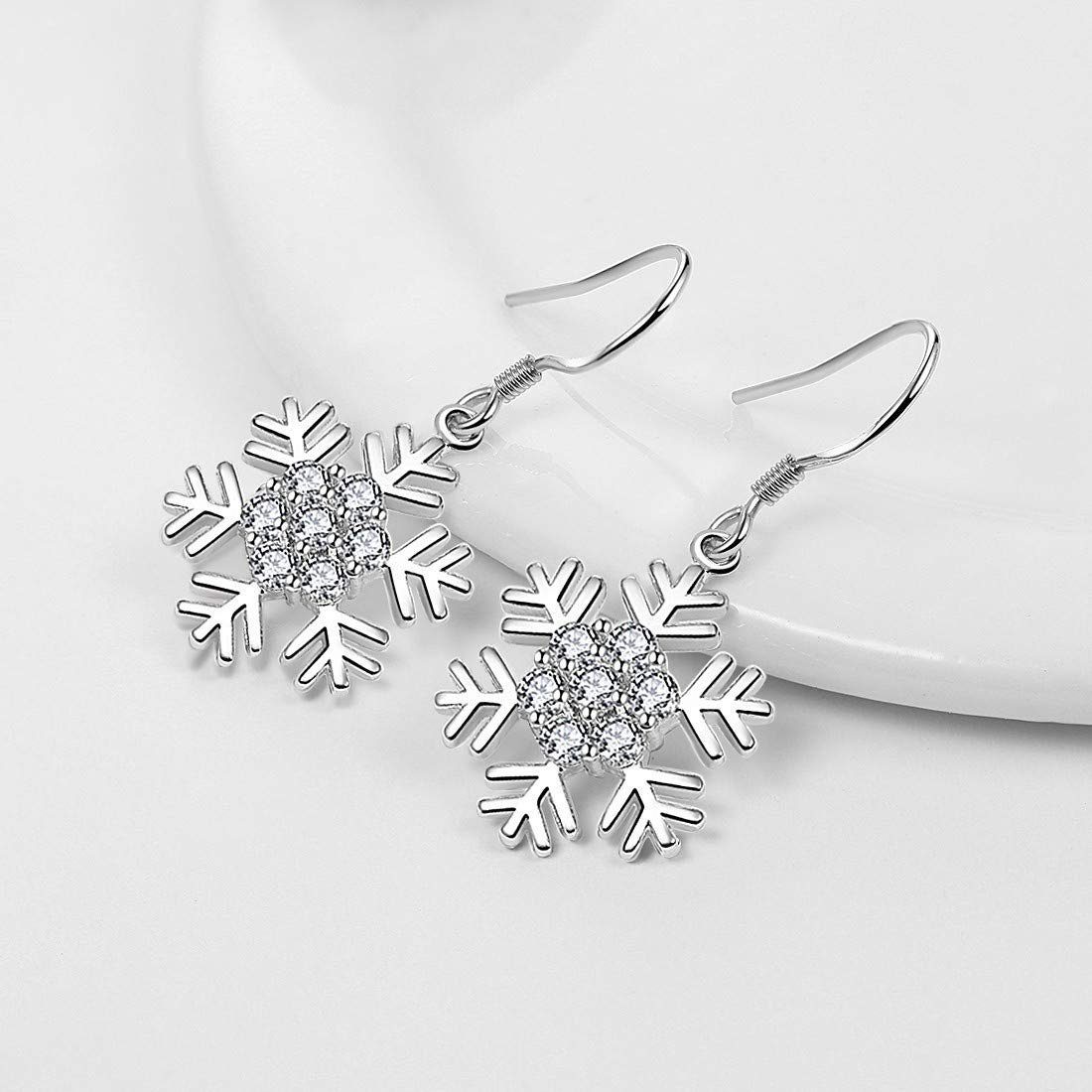 POCHUMIDUU Ohrring und Ketten Set Weihnachtskette Ohrringe-Set (3-tlg., Hakenohrringe mit weißem Zirkonia, Schneeflocken-Anhänger), Geschenk zu Weihnachten
