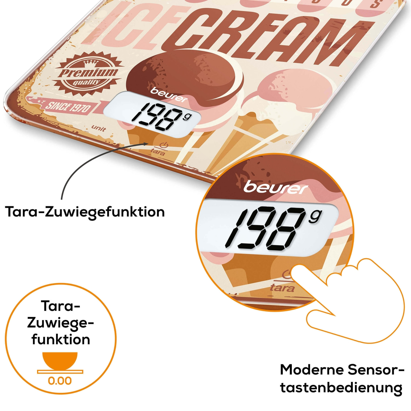 Beurer Küchenwaage KS 19 Ice Cream-Küchenwaage mit stylischer Glasoberfläche & Tarafunktion