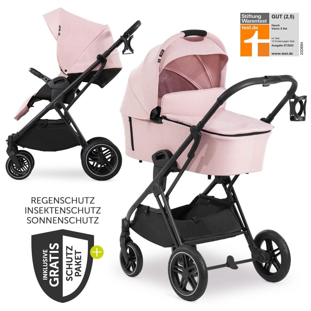 Hauck Kombi-Kinderwagen Vision X Duoset Black - Melange Rose, (7-tlg), 2in1 Kinderwagen Buggy Set mit Babywanne, Sportsitz und Regenschutz