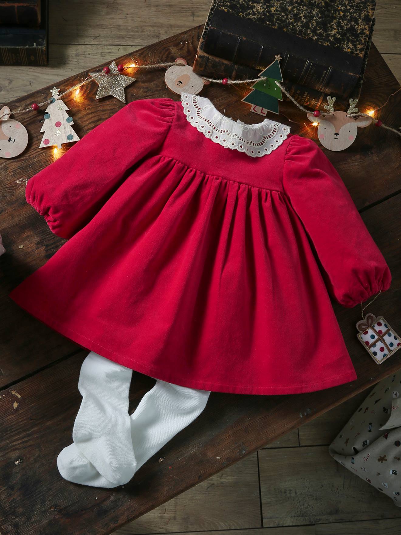 Vertbaudet Baby-Set: Samtkleid & Strumpfhose - rot