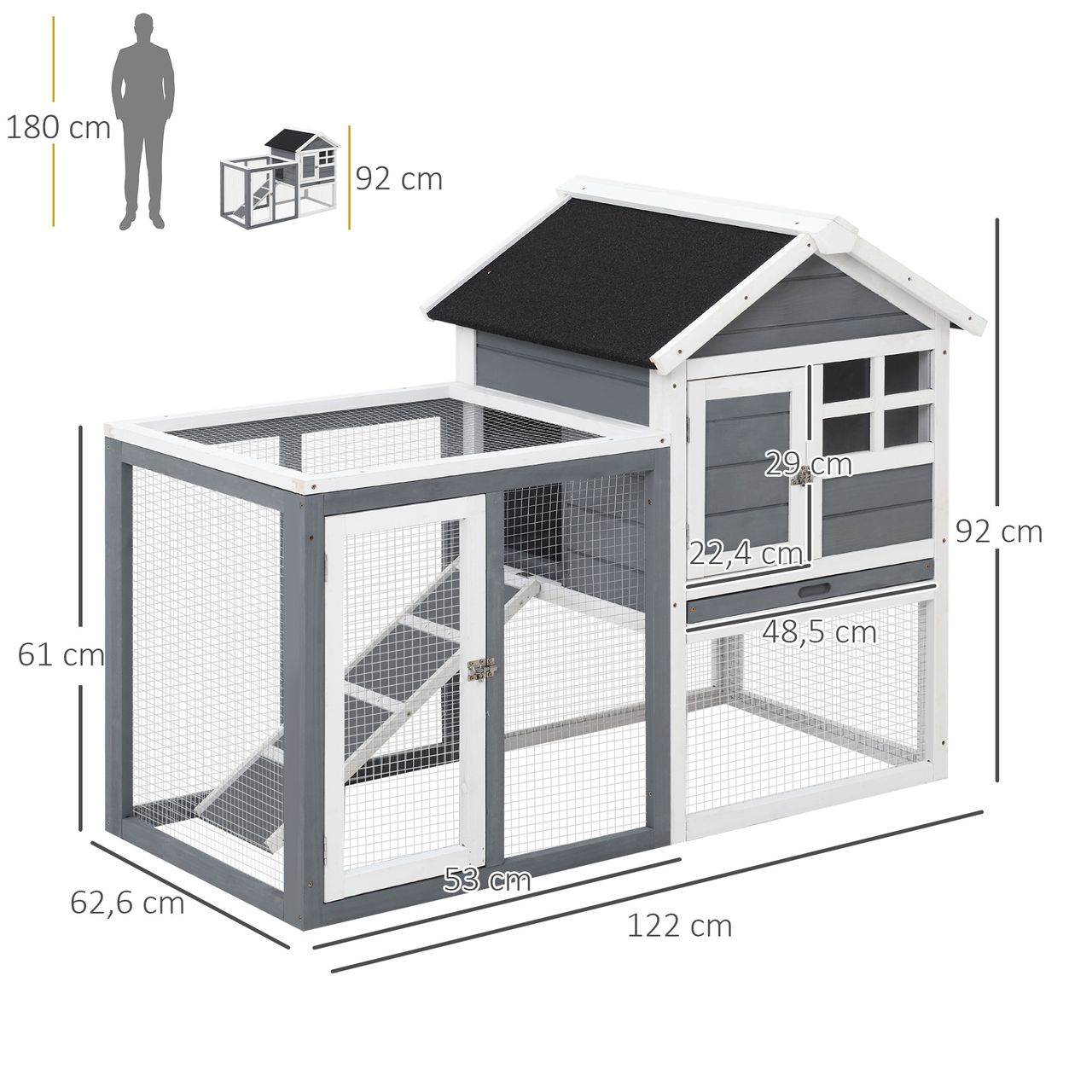 PawHut Kaninchenstall Tannenholz Outdoor Indoor Kleintierstall Kleintierhaus Kleintierkäfig Herausnehmbare Bodenwanne und Rampe Grau Schwarz Weiß 122 x 62,6 x 92 cm