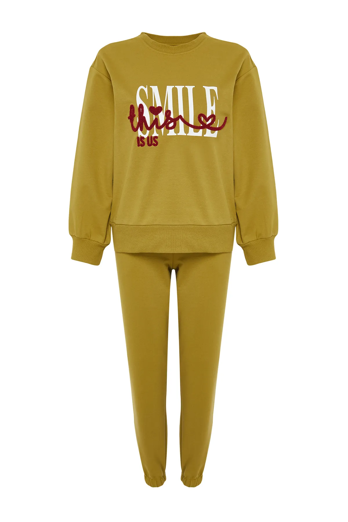 Trendyol Collection  Gestricktes Pyjama-Set mit bedrucktem Slogan aus ölgrüner Baumwolle THMAW24PT00312