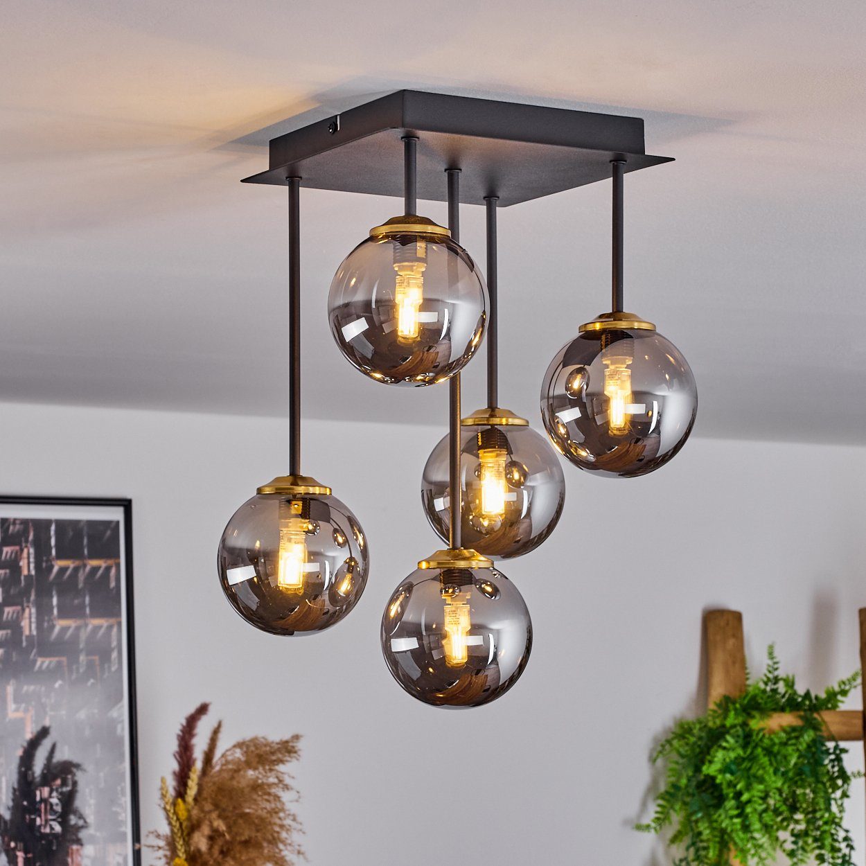 hofstein Deckenleuchte Isorella Deckenlampe aus Metall/Rauchglas in Schwarz/Messing/Chrom, ohne Leuchtmittel, Leuchte mit Kugelschirmen aus Glas, 5xG9