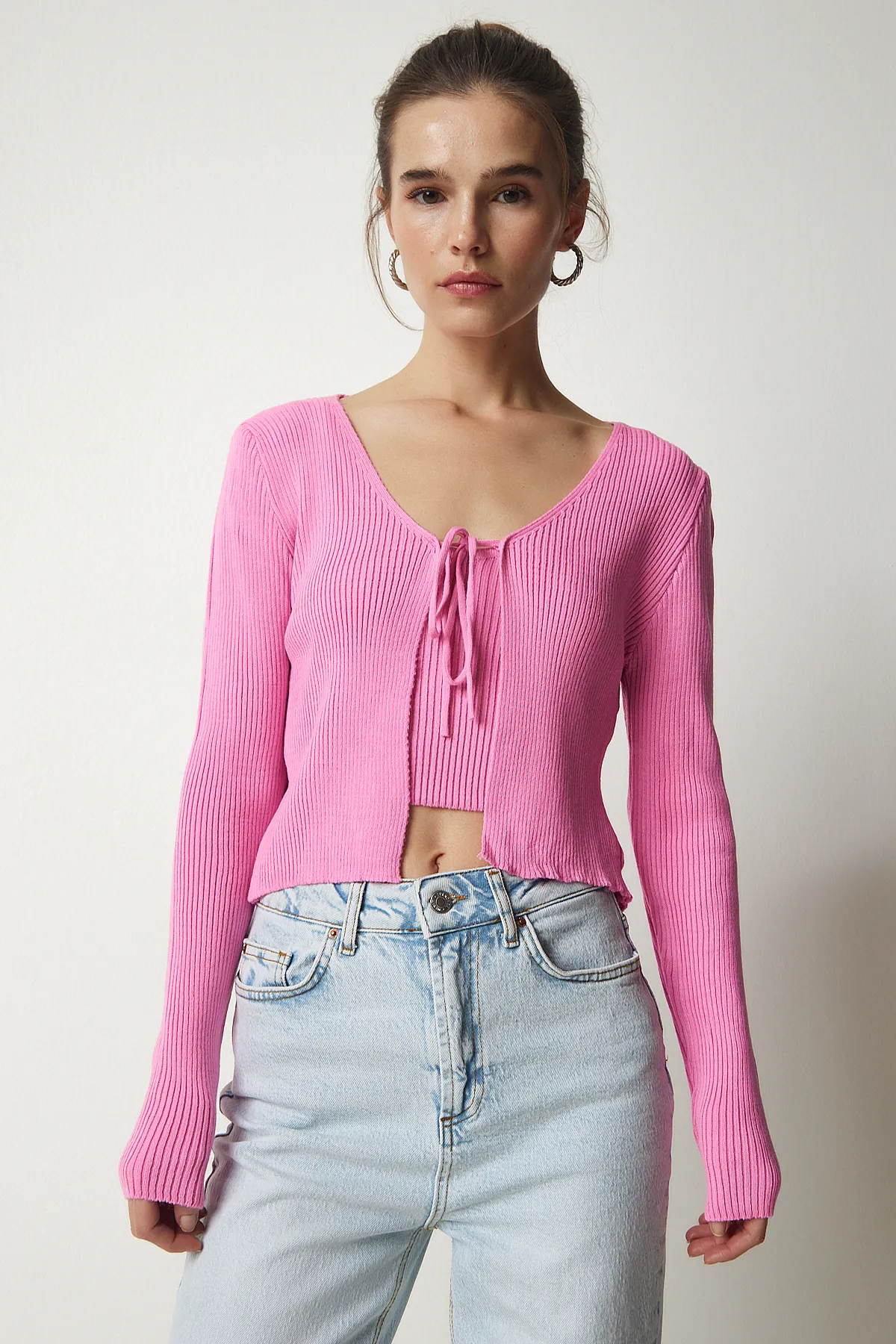 Happiness İstanbul  Rosa Crop-Cardigan-Set aus Strick für Damen MT00143