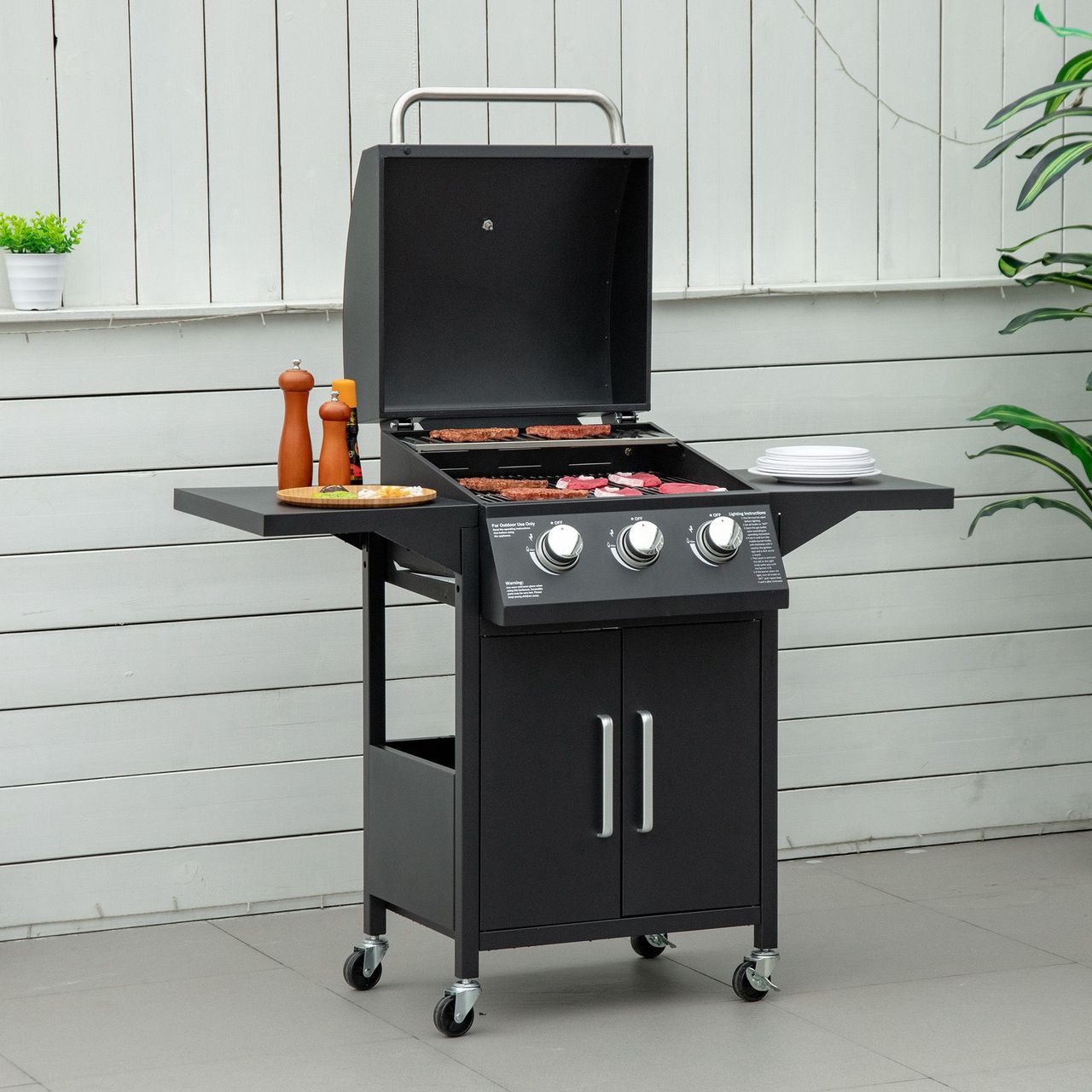Outsunny Gasgrill BBQ mit 3 Brennern je 3 kw mobiler Grillwagen mit 4 Rädern Grillnetz Seitentischen Druckminderer Schläuche Schrank Multifunktion Stahl Schwarz 121 x 55 x 109 cm