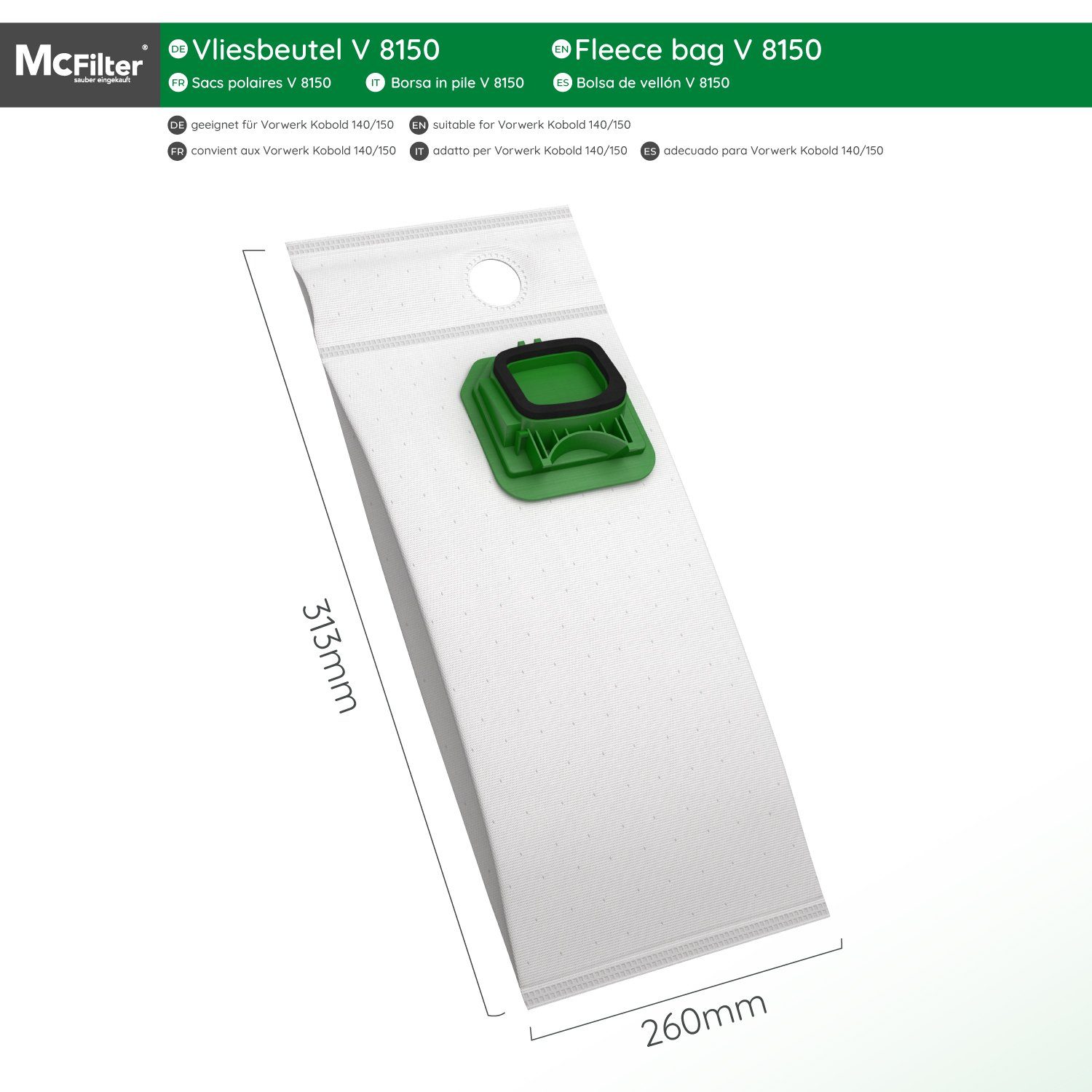 McFilter Staubsaugerbeutel geeignet für Vorwerk Kobold VK 140 VK 150 FP 140 FP 150, 6 St., 5-lagig, Mikrovlies, Kunststoffdeckscheibe mit Staubverschluss