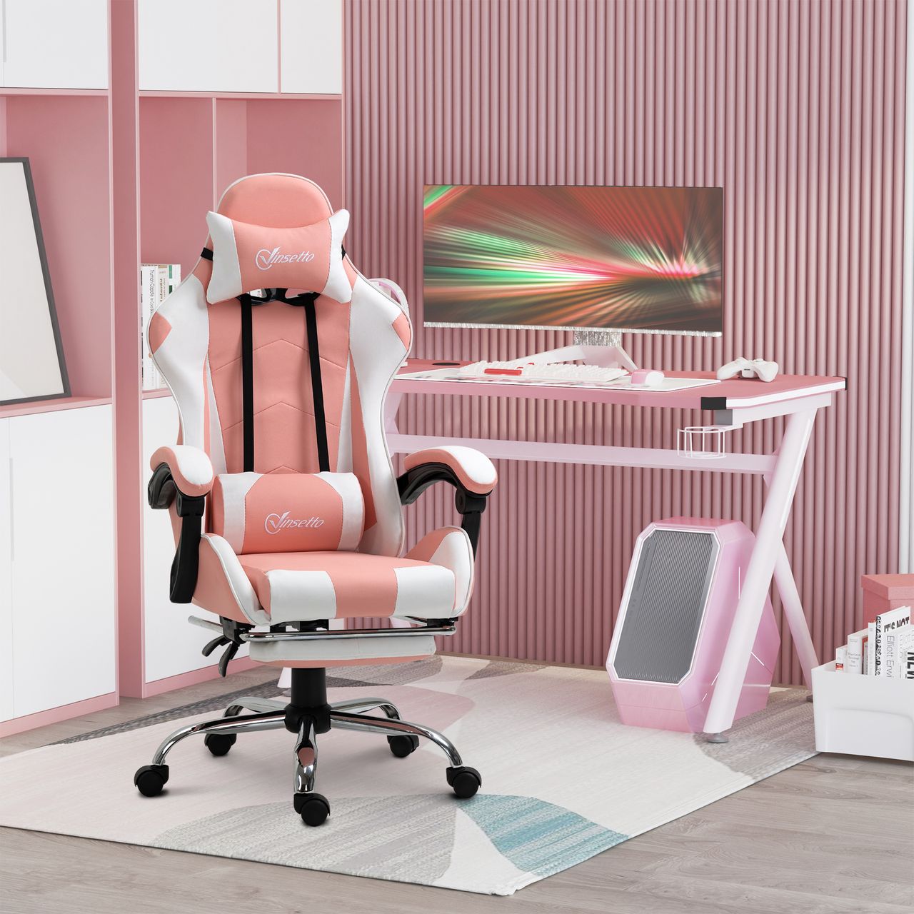 HOMCOM Gamingstuhl Computerstuhl Ergonomischer Bürostuhl Gamer Stuhl mit Kopfstütze Lendenkissen Bürostuhl höhenverstellbar 360°drehbar Schaumstoff Kunstleder PVC Rosa Weiß 64 x 67 x 119-127 cm