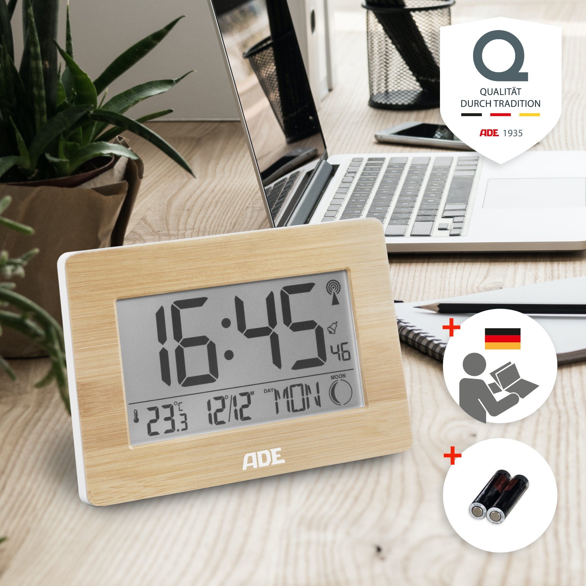 ADE Funktischuhr Digitale Tischuhr und Wanduhr mit großem Display Funkuhr aus Bambus mit Temperaturanzeige, digitaler Wecker, Kalender