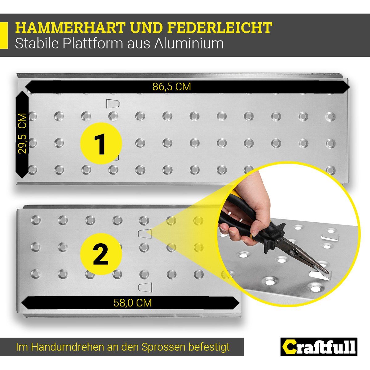 Craftfull Arbeitsplattform Alu-Plattform (einzeln) FÜR Mehrzweckleiter CF-104A - 3 J. Garantie, (4x3 - 4x4 - 4x5 Sprossen - 150 kg Traglast, 2-St., Plug & Play-Funktion, Anti-Rutsch-Standfläche, Aluminium), Arbeitsbühne für Stehleiter Klappleiter Gel