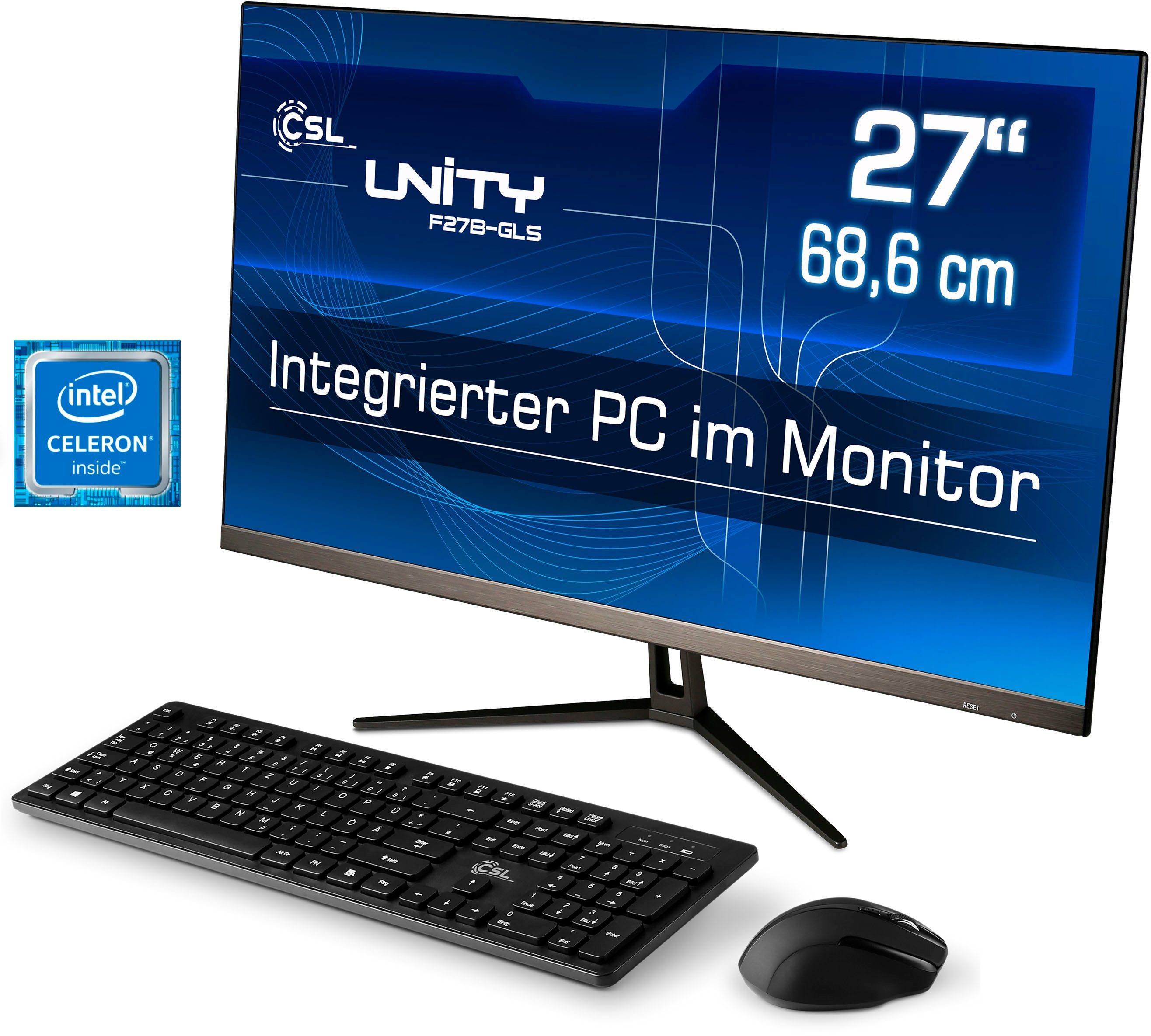CSL Unity F27-GLS mit Windows 10 Pro All-in-One PC (27 Zoll, Intel® Celeron Celeron® N4120, UHD Graphics 600, 8 GB RAM, 256 GB SSD)