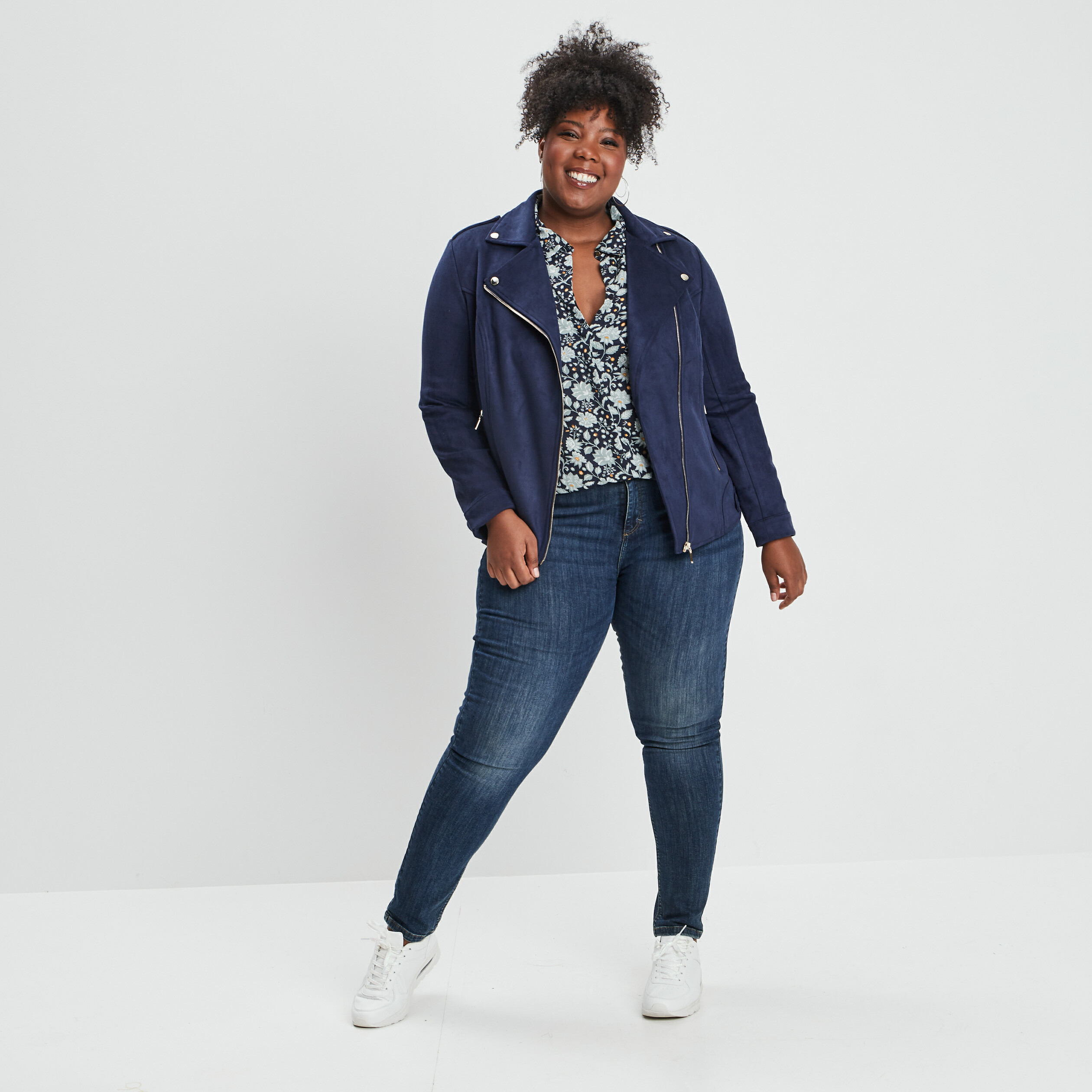 Blouson zippé effet suédine style biker bleu marine femme grande taille | La Halle