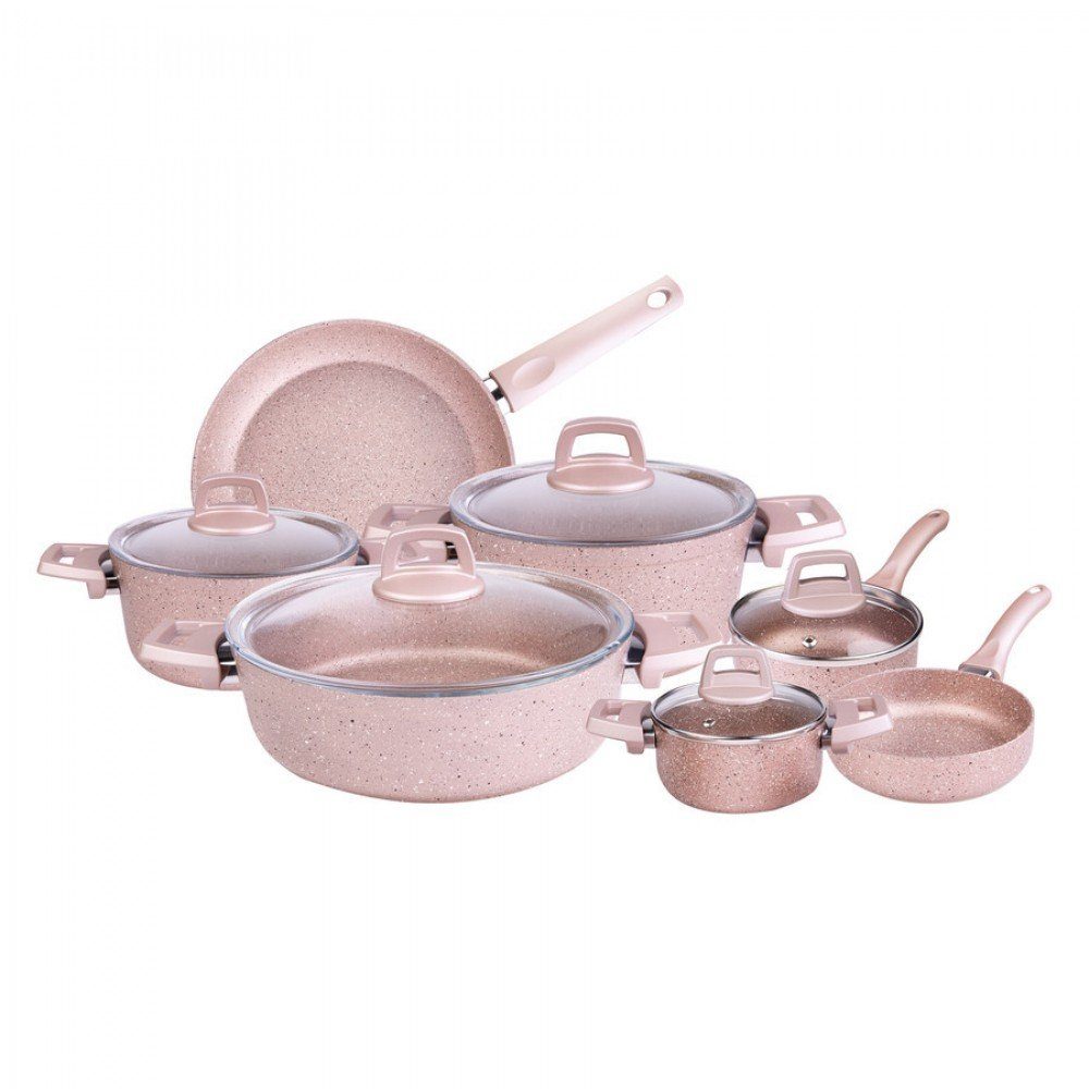 KRC Topf-Set Karaca Biogranit Rosegold 12 Teiliges Topfset Non-toxic Basic Topfset Griffe, Ausgezeichnete Wärmeverteilung, Bratpfanne, Deckel, Spülmaschine, Garantiert