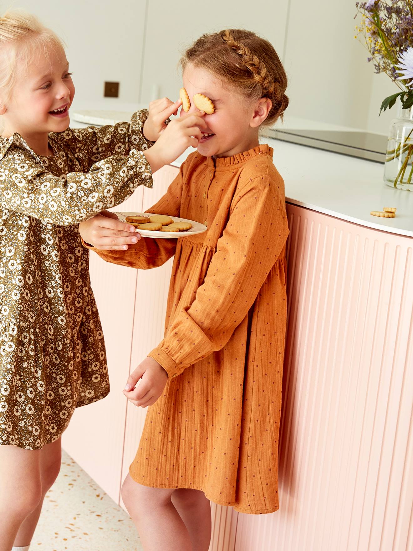 Robe en gaze de coton détails fantaisie fille beige