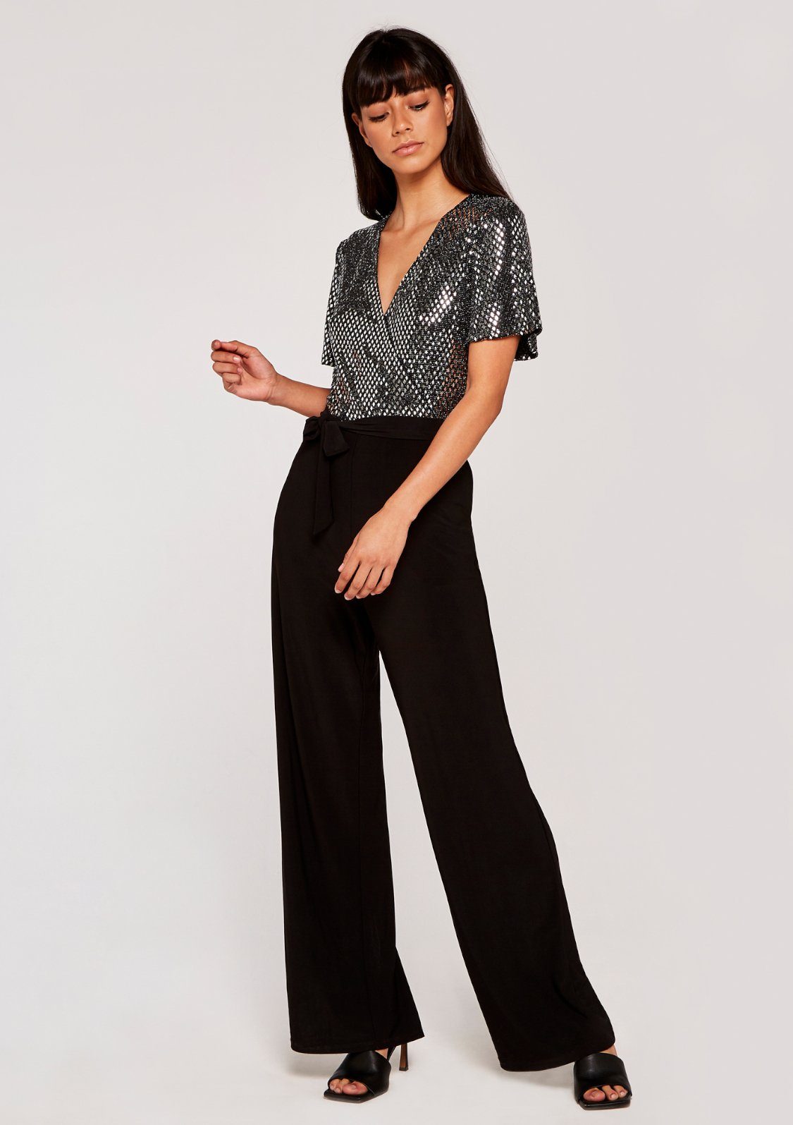 Apricot Overall Mirror Diamond Sequin Jumpsuit (2-tlg., mit Bindegürtel) mit Pailletten