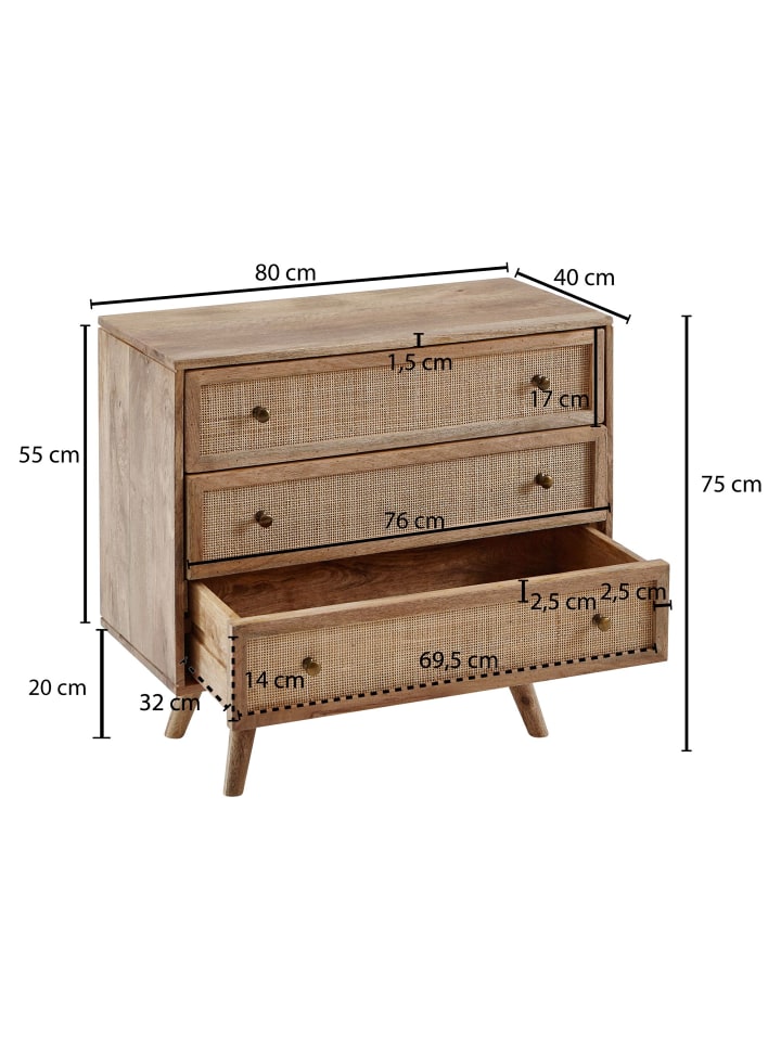 KADIMA DESIGN Sideboard 80x75x40 cm Mango Massivholz / Rattan Vintage Anrichte, günstig kaufen onesize