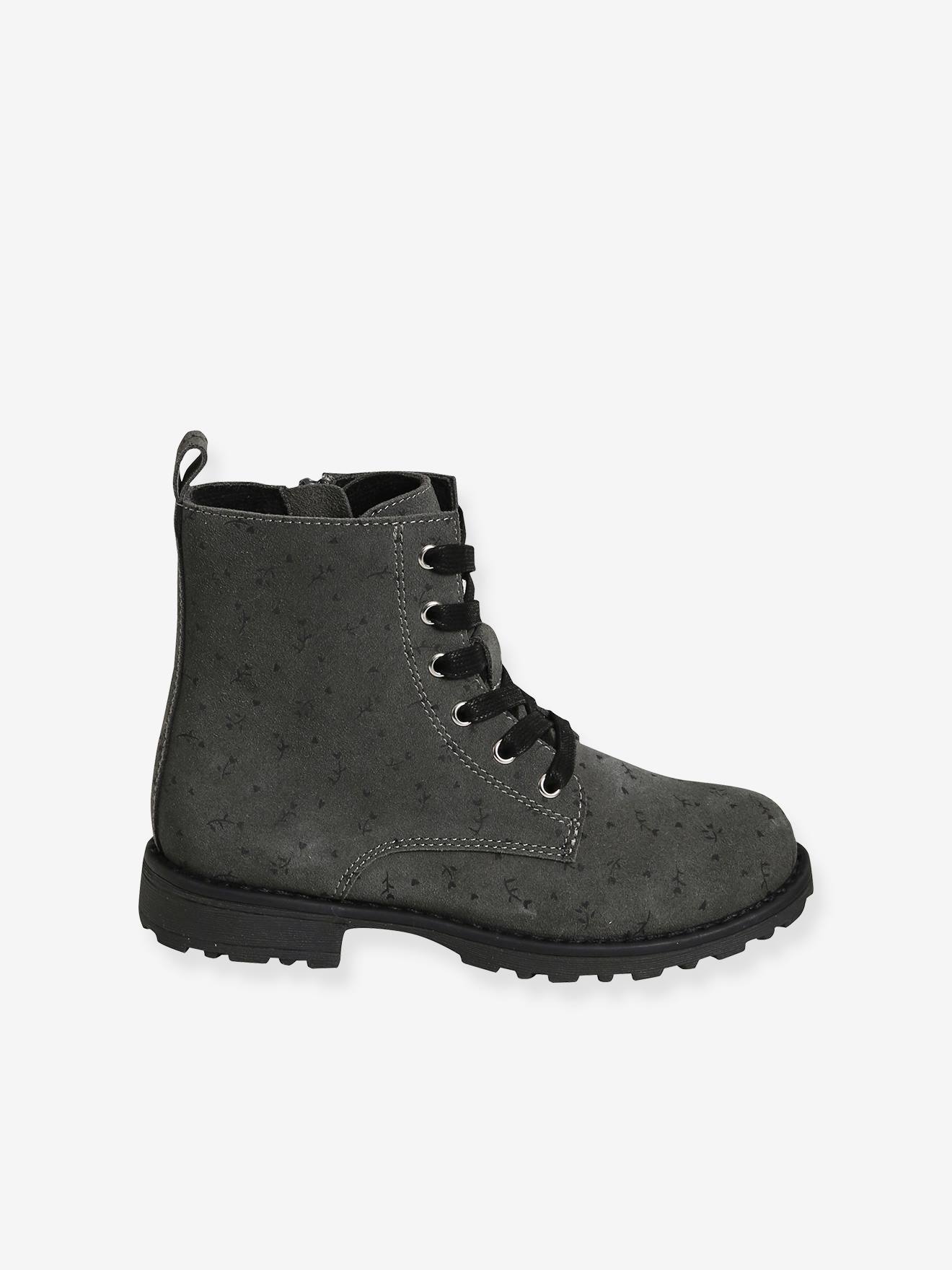 Bottines cuir lacées et zippées fille gris fleurs imprimés