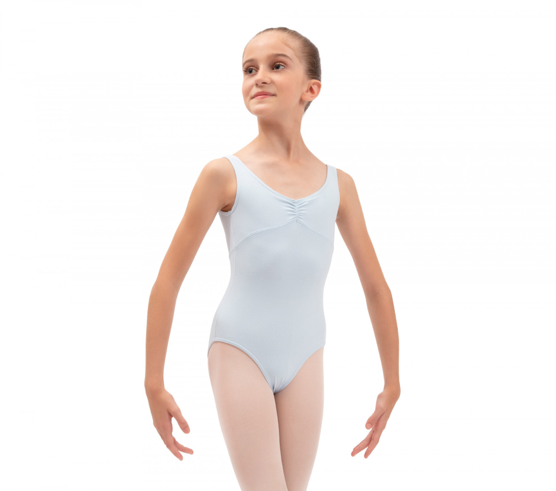 Gathered front and back leotard neckline
