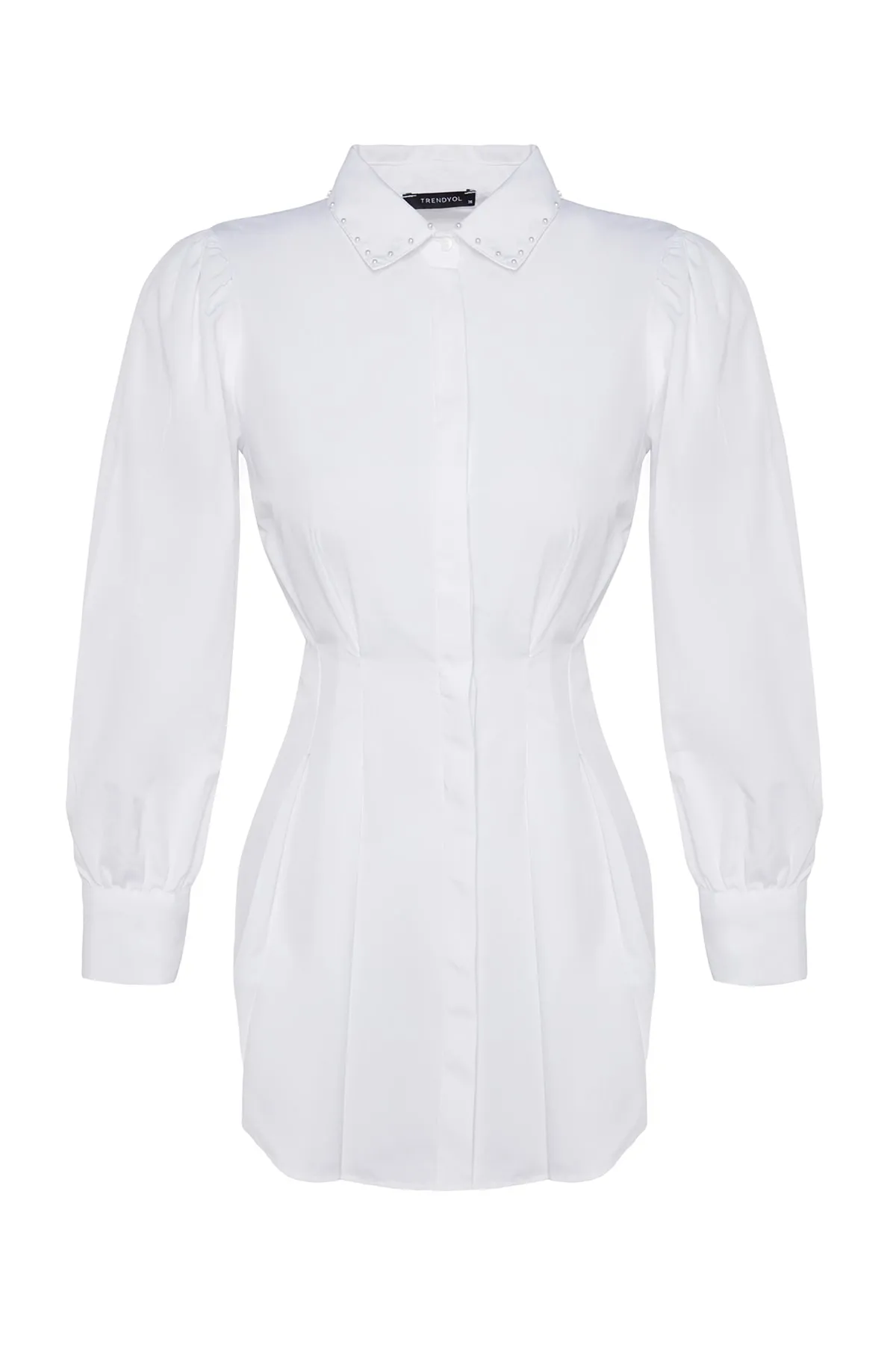 Trendyol Modest  Weißes, tailliertes, gewebtes Hemd mit Perlendetail TCTAW24TG00027