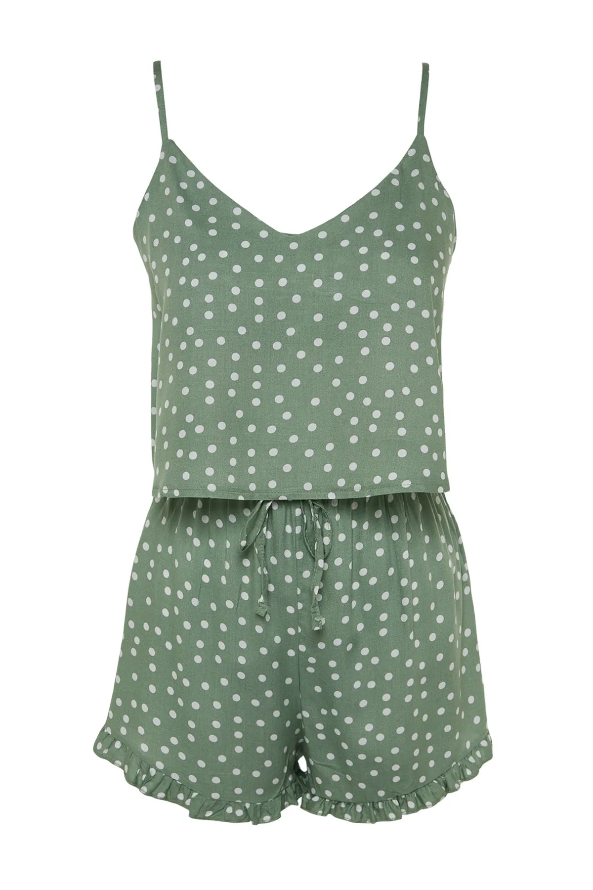 Trendyol Collection  Mintgrünes Pyjama-Set aus Viskosegewebe mit Tupfen, Rüschendetail und Seilträgern THMSS21PT0742