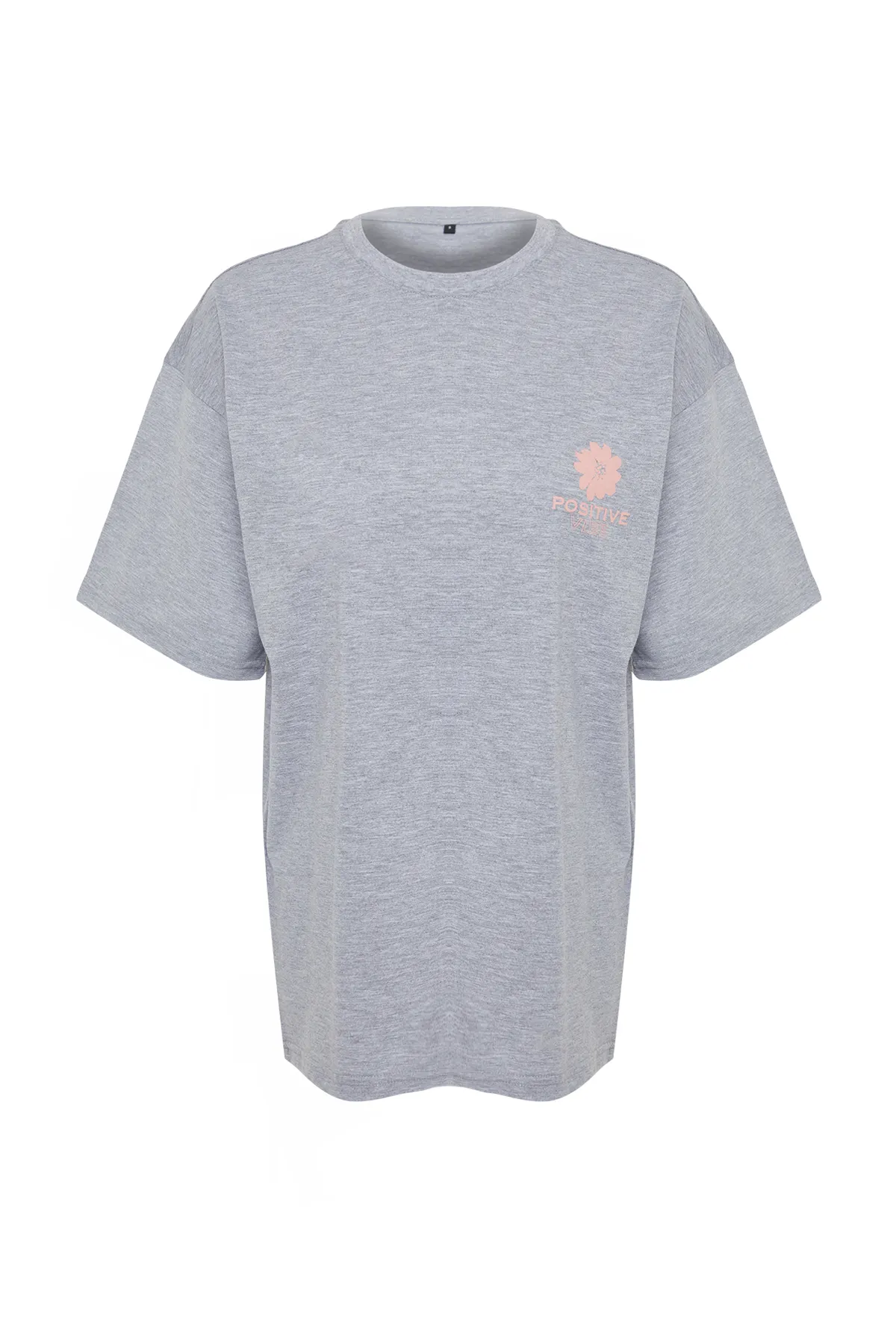 Trendyol Collection  Grau meliertes, hinten bedrucktes, übergroßes/weites Strick-T-Shirt mit Rundhalsausschnitt TWOSS23TS00321