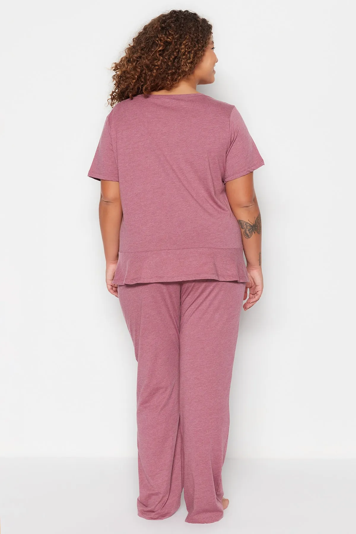 Trendyol Curve  Weinrotes bedrucktes kurzärmliges Strick-Pyjama-Set TBBSS23AI00008