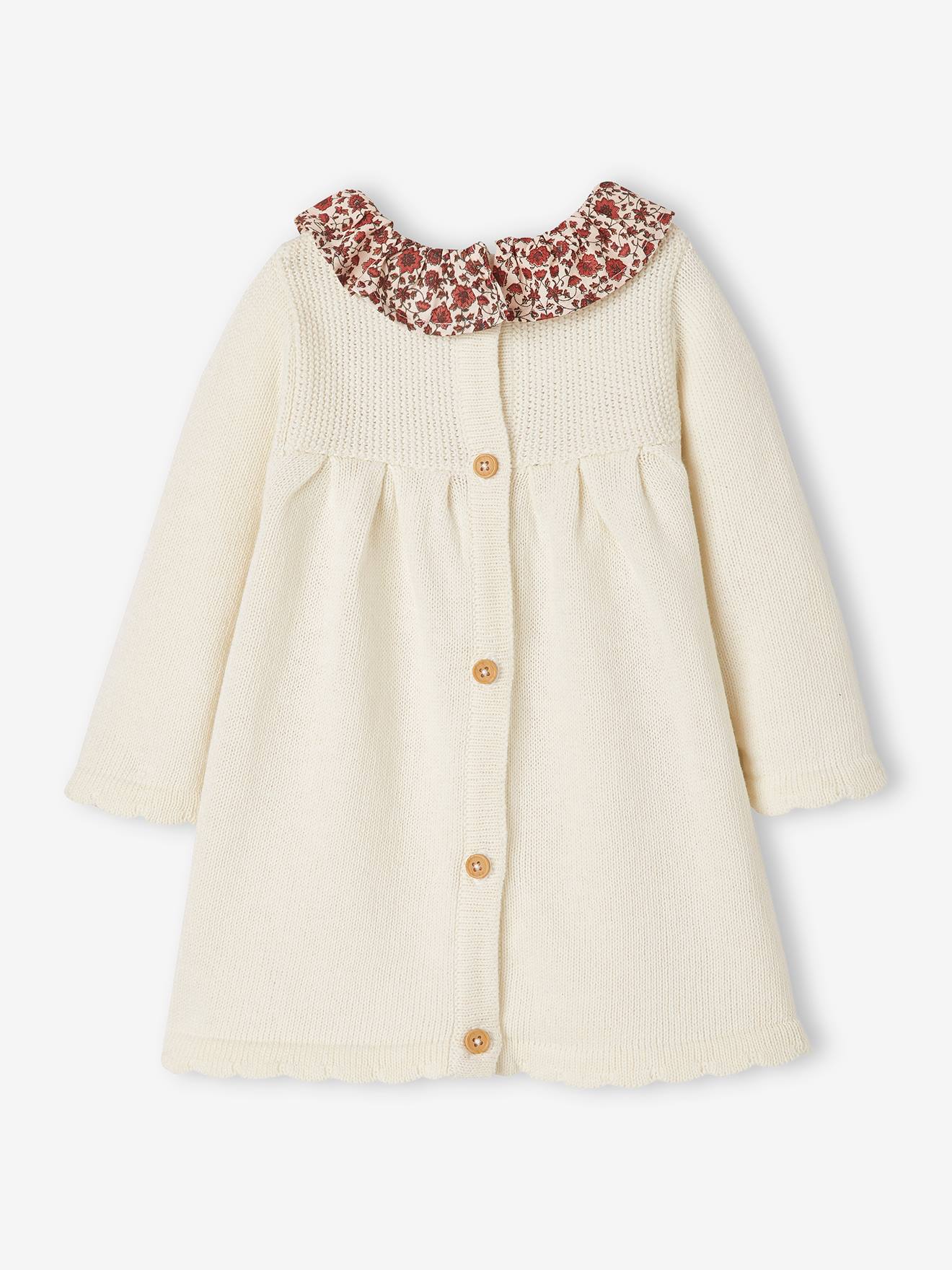 Vertbaudet Baby Strickkleid mit Stoffkragen - wollweiß