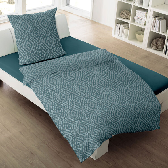 Bettwäsche Jacquard-Feinbiber 135/200 + 80/80 cm, Raute petrol