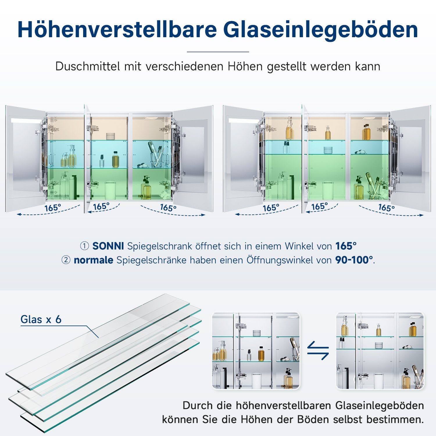 SONNI Spiegelschrank Bad spiegelschränke 3-türig mit LED Beleuchtung Edelstahl IP44 Badezimmer, mit Steckdose