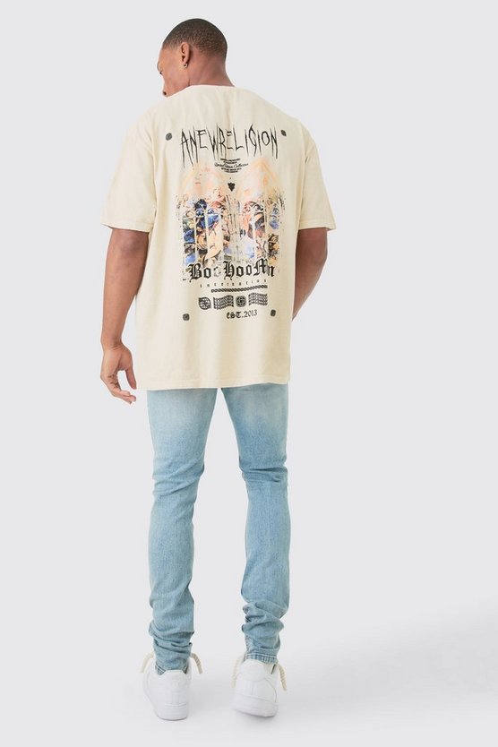 Skinny Stretch Stacked Ripped Paint Splatter Jeans In Ice Blue