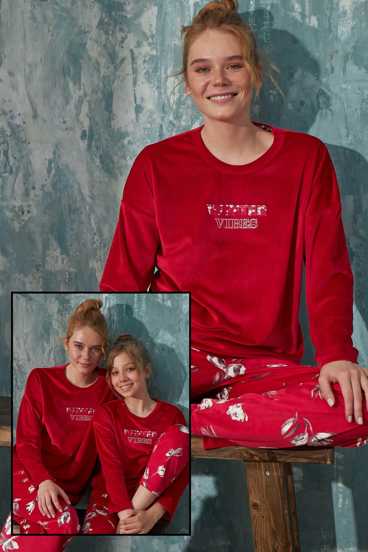 Pijamaevi  Red Vibes Samt-Mutter-Tochter-Familienpyjama – Mutter-Set