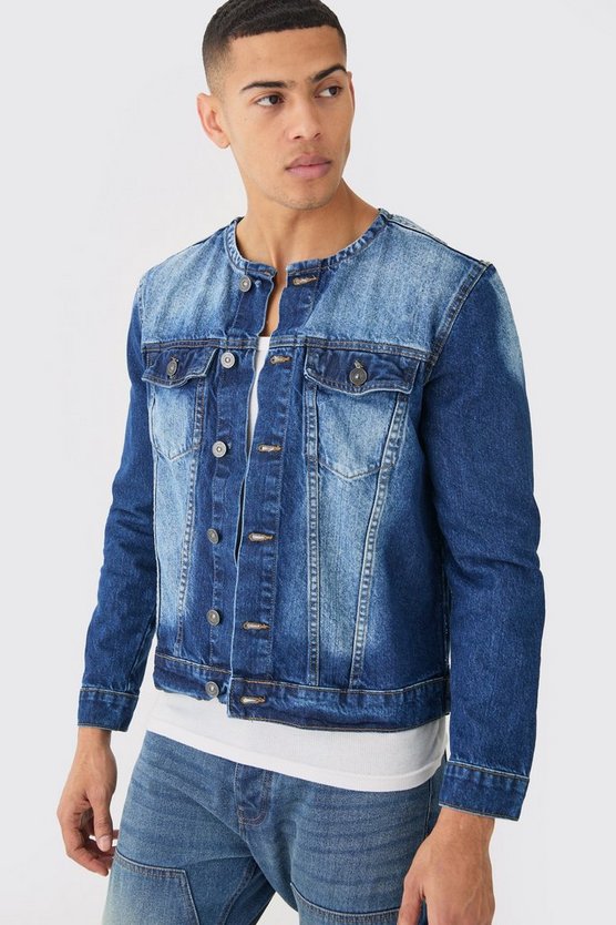 Kragenlose Jeansjacke in Indigoblau
