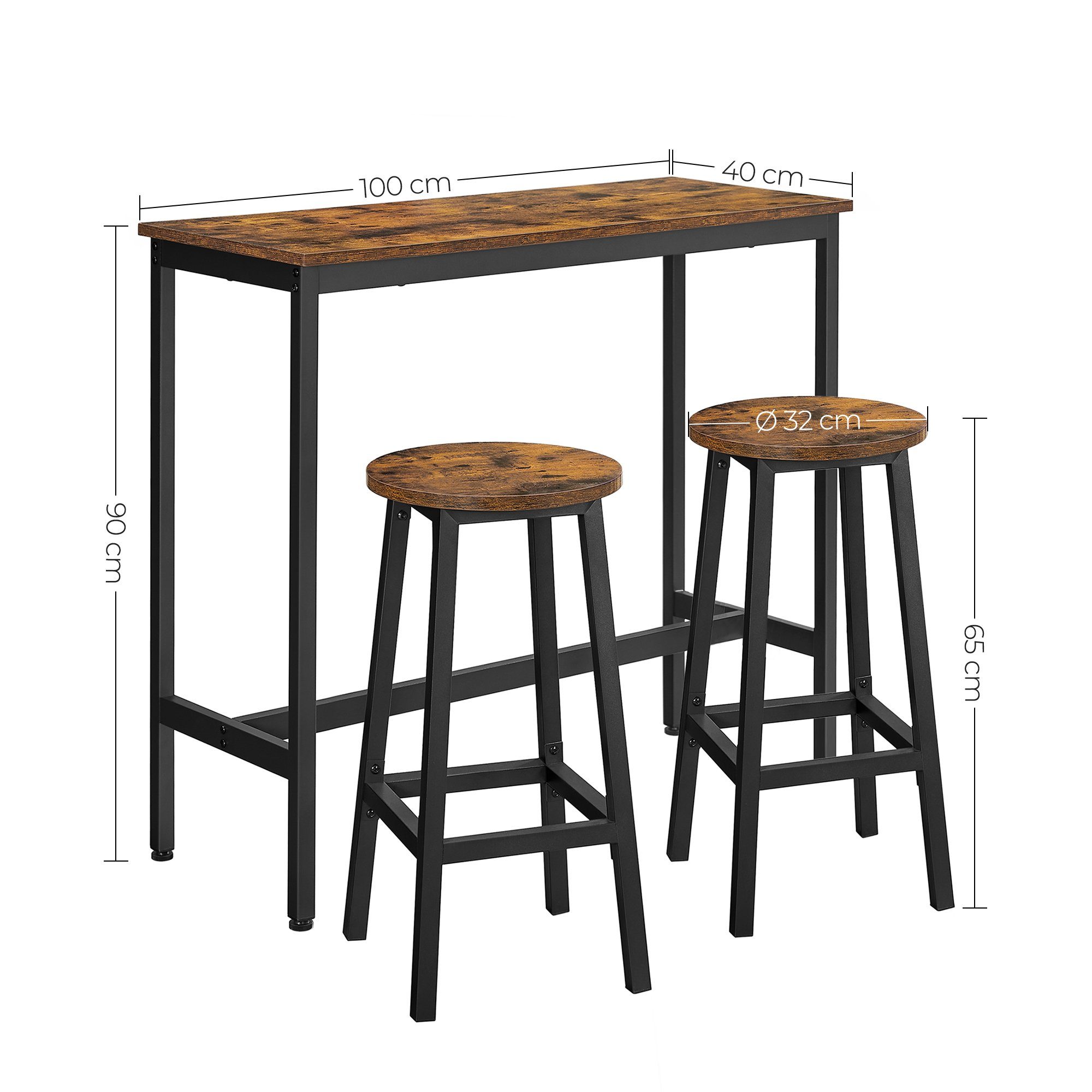 VASAGLE Bartisch Küchentisch-Set, Stehtisch(100 x 40 x 90 cm), mit 2 Barhockern