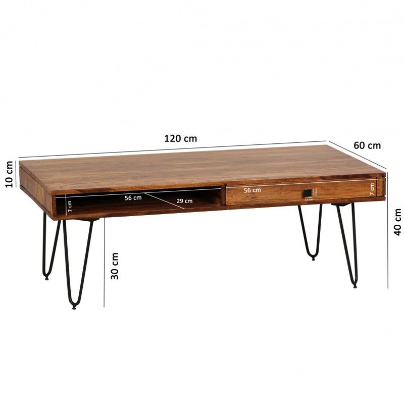 Wohnling Massivholz Sheesham Couchtisch 120 x 60 x 40 CM mit 2 Schubläden