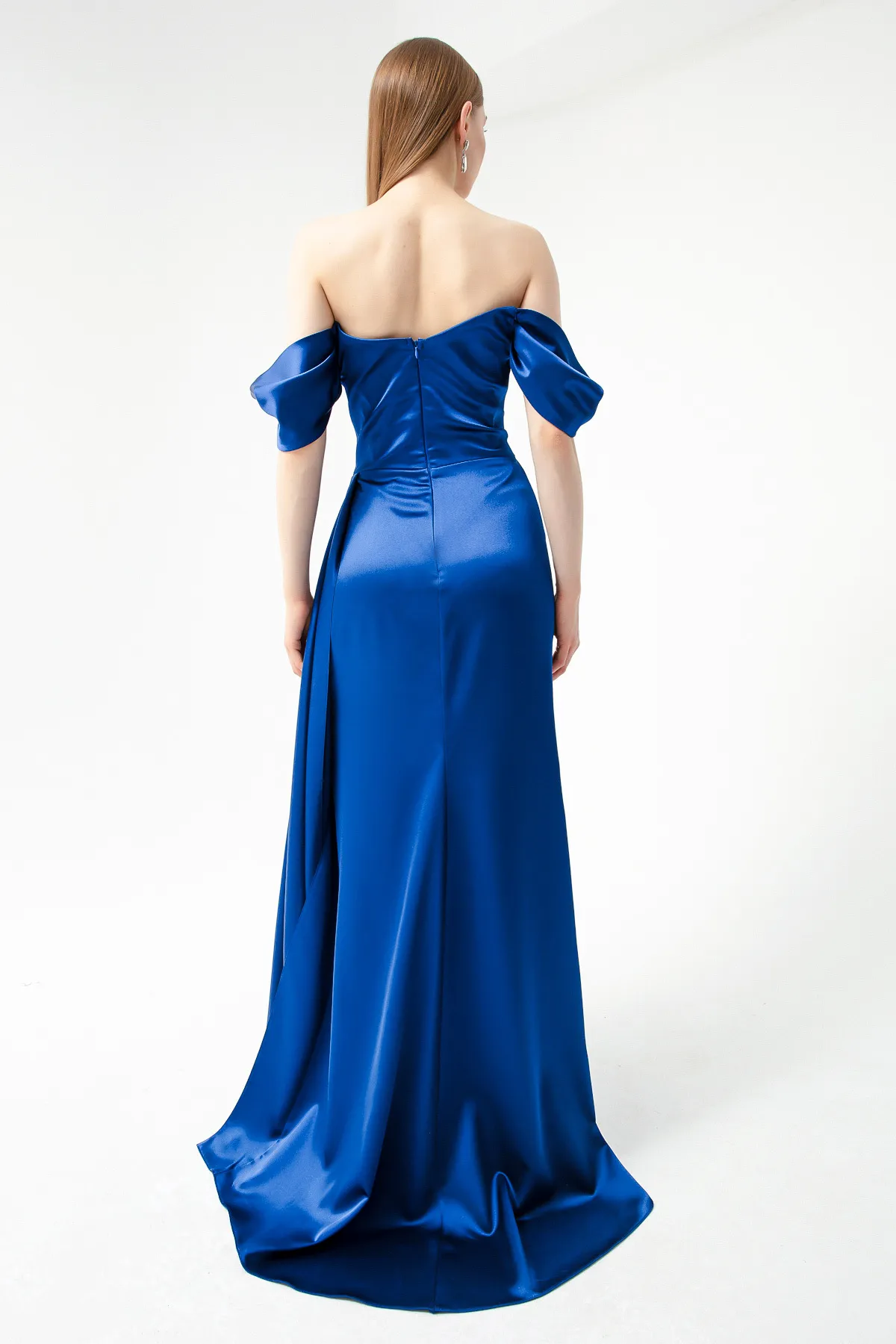 Lafaba  Indigofarbenes, langes Satin-Abendkleid mit U-Boot-Ausschnitt und Schlitz für Damen