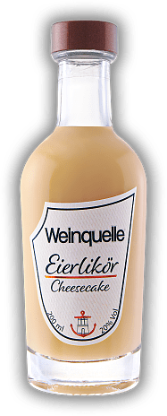 Weinquelle Eierlikör Cheesecake 0,2 Liter Weinquelle Eierlikör Cheesecake 0,2 Liter Hergestellt aus ausgesuchten Zutaten mit cremiger Textur. Ideal zum Nachtisch. 0,2	 Liter - Vol 20%
