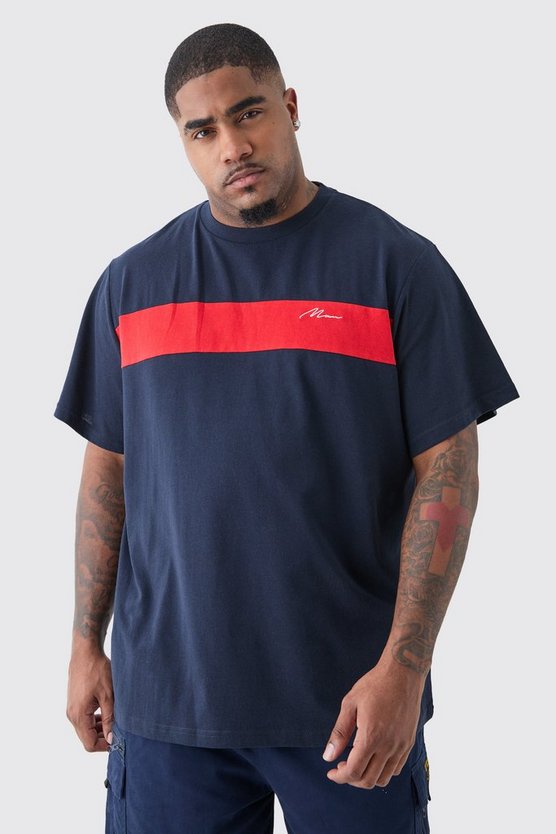 Plus dunkelblaues Colorblock T-Shirt mit Man-Schriftzug