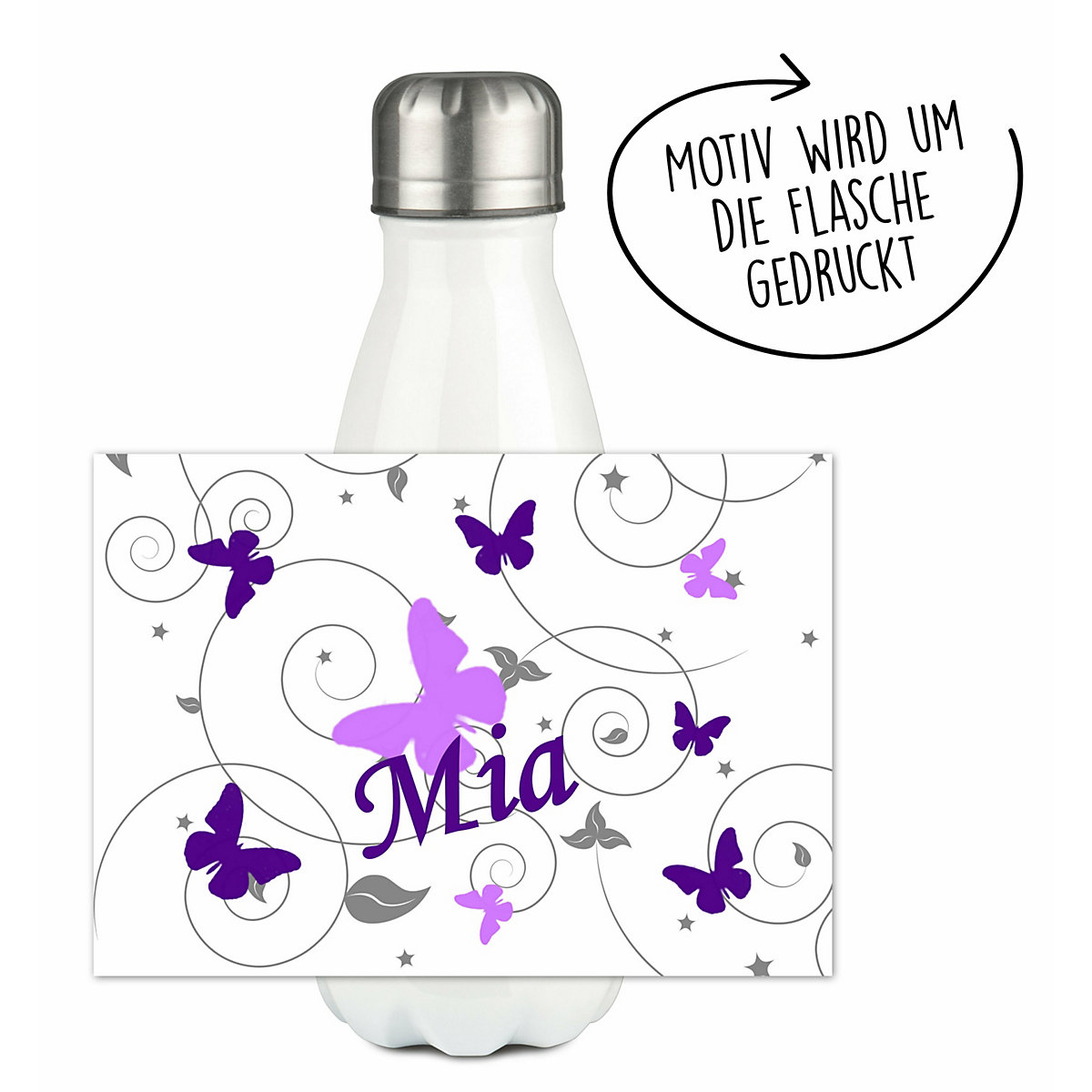 Edelstahl Kinder Thermoflasche / Trinkflasche bunt Schmetterling Ornamente Farbe flieder lila Spülmaschinenfest, Auslaufsicher, Bruchfest, Doppelwandig, Für Heißgetränke geeignet, Mit Deckel, Isol