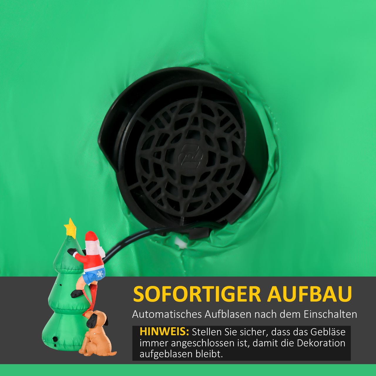 HOMCOM Aufblasbarer Weihnachtsbaum mit Weihnachtsmann und dem Hund 180 cm Weihnachtsdeko Weihnachtsbeleuchtung LED Selbstaufblasend Polyester Grün 123 x 85 x 180 cm