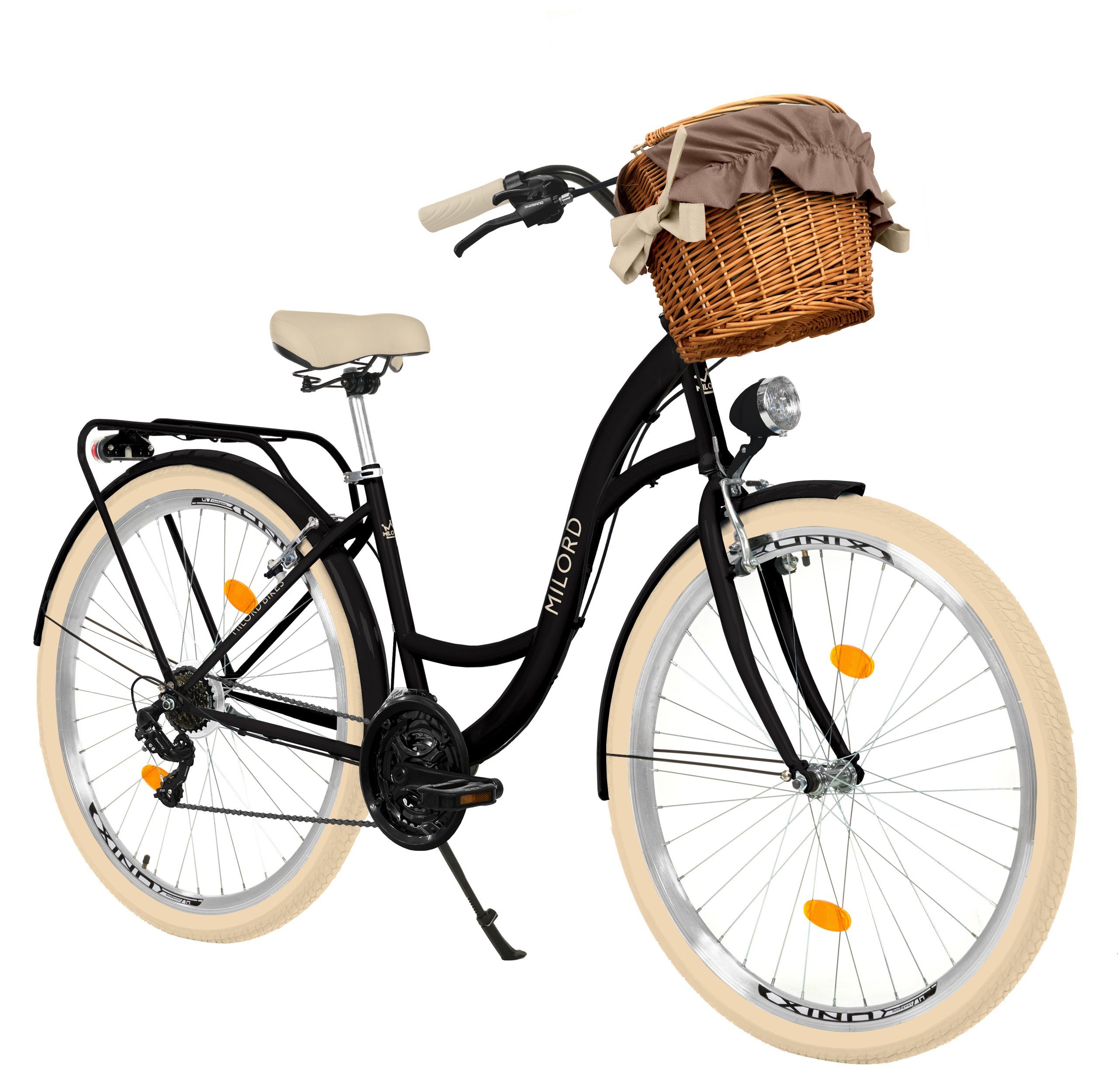MILORD BIKES Cityrad Milord City Fahrrad Weidenkorb Damen, 28 Zoll, Schwarz-Creme, 21-Gang, 21 Gang, Kettenschaltung
