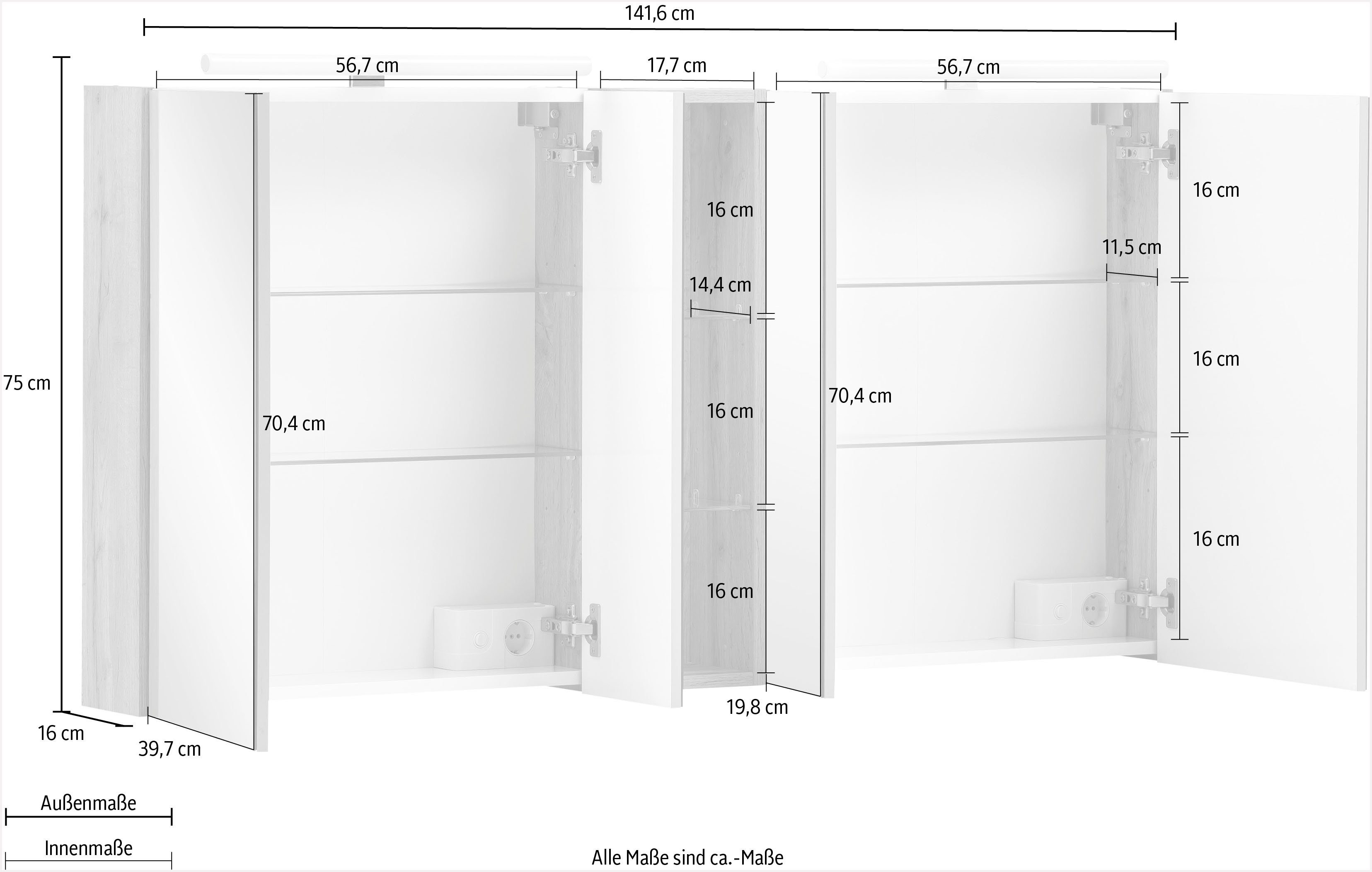 Schildmeyer Spiegelschrank Duo Breite 141,6 cm, 4-türig, 2x LED-Beleuchtung, Schalter-/Steckdosenbox