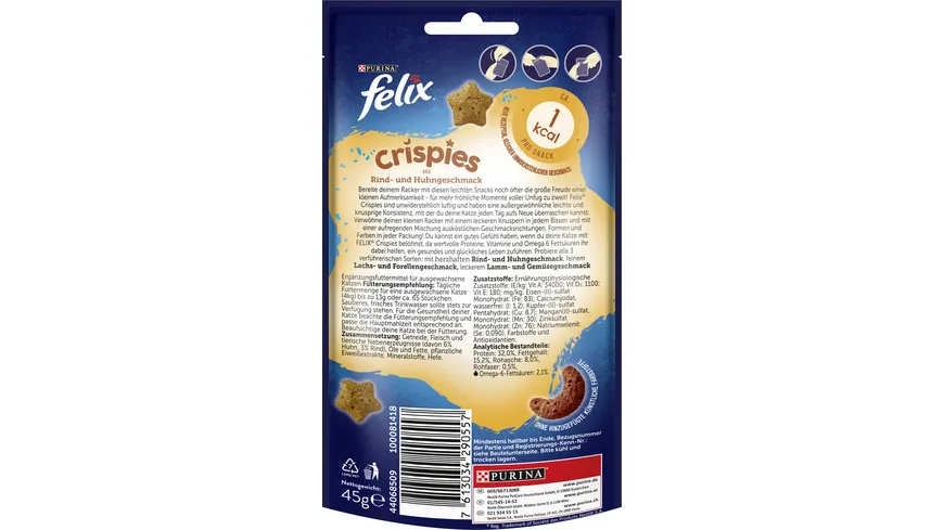 PURINA Felix Crispies mit Rind- und Huhngeschmack Katzensnacks 45g Beutel 45 g